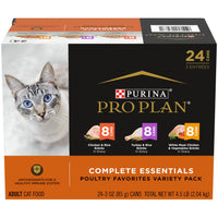 PRO PLAN Complete Essentials Poultry Favourites variety pack carton of 24 85g cans, front of pack