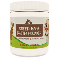 Front of the 120g Mio's Nature Green Bone Broth Powder tub, digestion support and detoxification