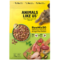 Animals Like Us RawMix50 Lamb & Chicken cat food, front of the 1.36kg bag