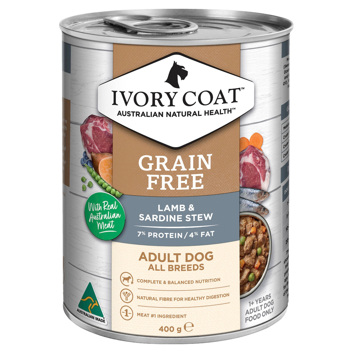Ivory Coat Grain Free Lamb and Sardine Stew adult wet dog food, 400g can