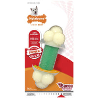 Front of the Nylabone Double Action Bone bacon flavour pack, for dogs up to 11 kg