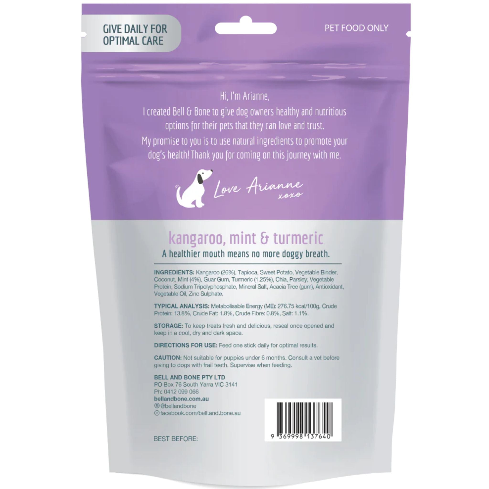 Bell and Bone Dental Sticks for Adult Dogs - Kangaroo, Mint & Turmeric