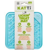 Katti Lickin' Treat Mat in its card packaging, blue silicone mat