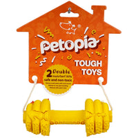 Petopia Ultra Tough Dog Toy Dumb Dumbbell, a dumbbell shaped treat-dispensing chew toy in 100% natural rubber