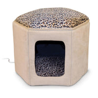 K&H Thermo-Kitty Sleephouse in tan with a leopard print top, a heated hexagonal cat house