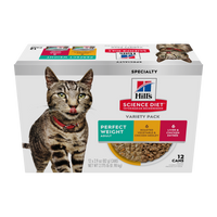 Retail carton of the Hill's Science Diet Adult Perfect Weight wet cat food variety pack, 12 cans
