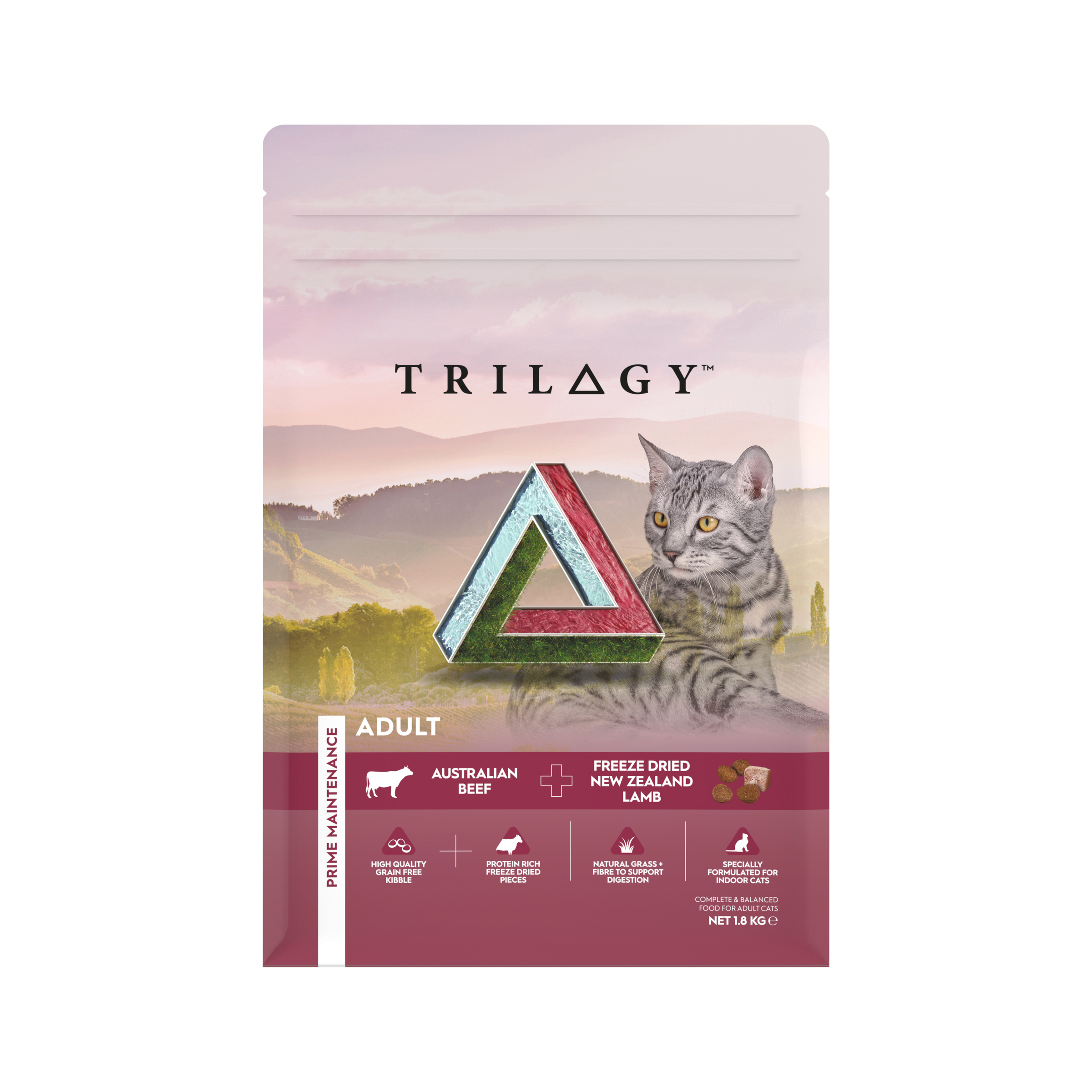 Trilogy Dry Adult Cat Food Australian Beef + Freeze Dried Lamb front of pack
