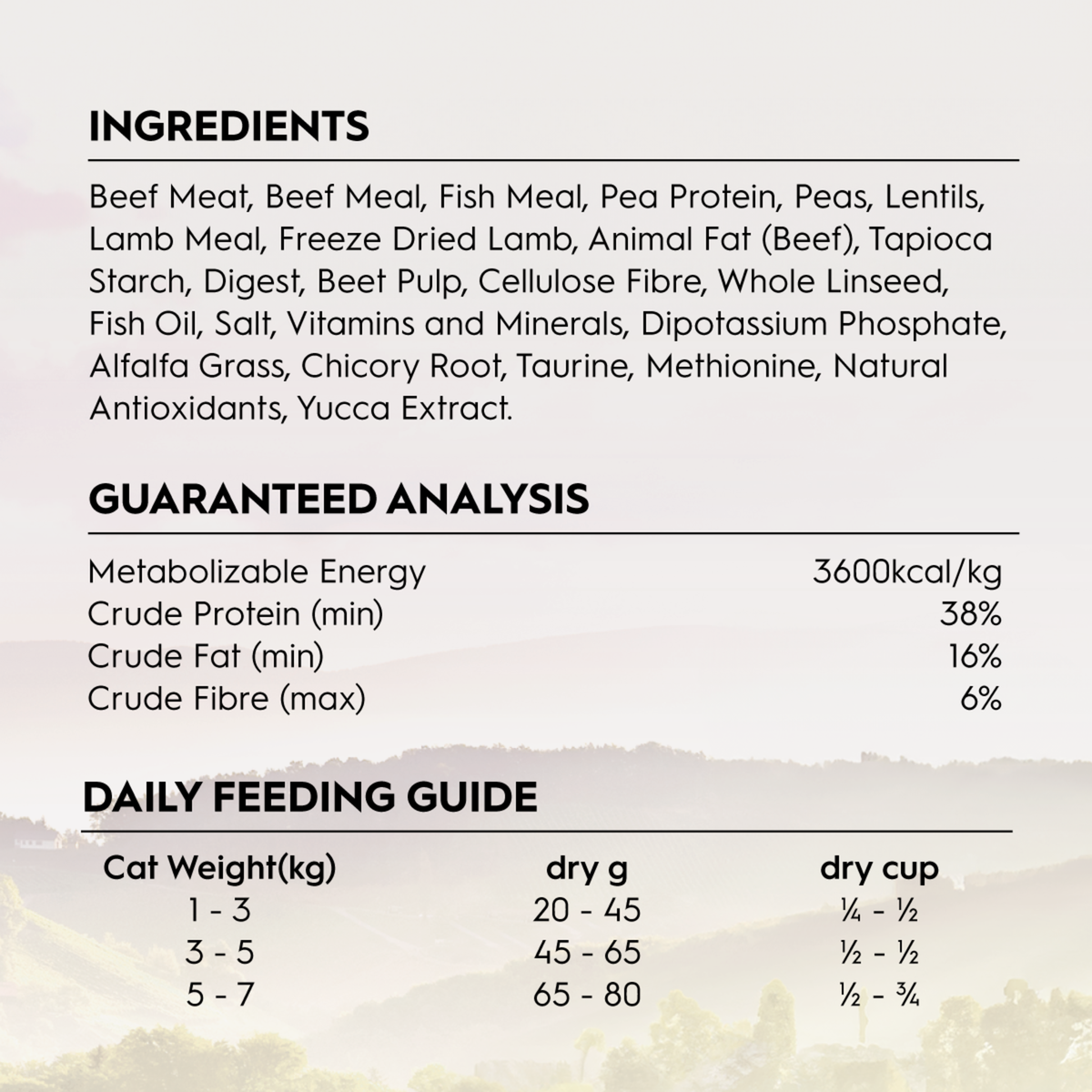 Trilogy Beef ingredients, guaranteed analysis and daily feeding guide panel