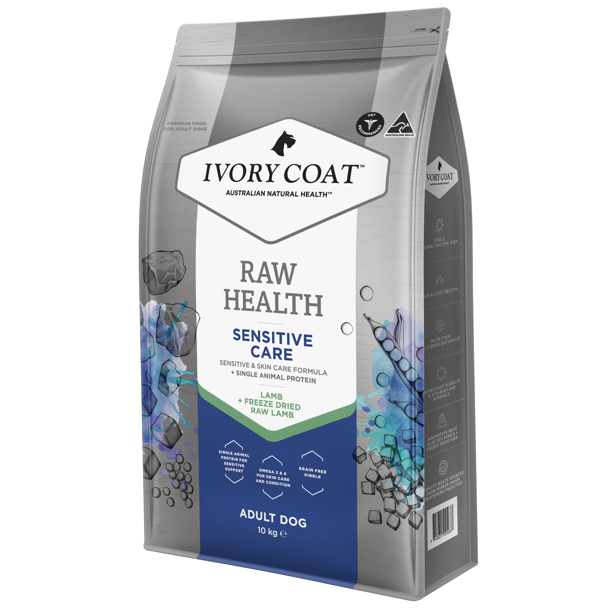 Ivory Coat Raw Health Sensitive Care Adult Dry Dog Food right side of pack
