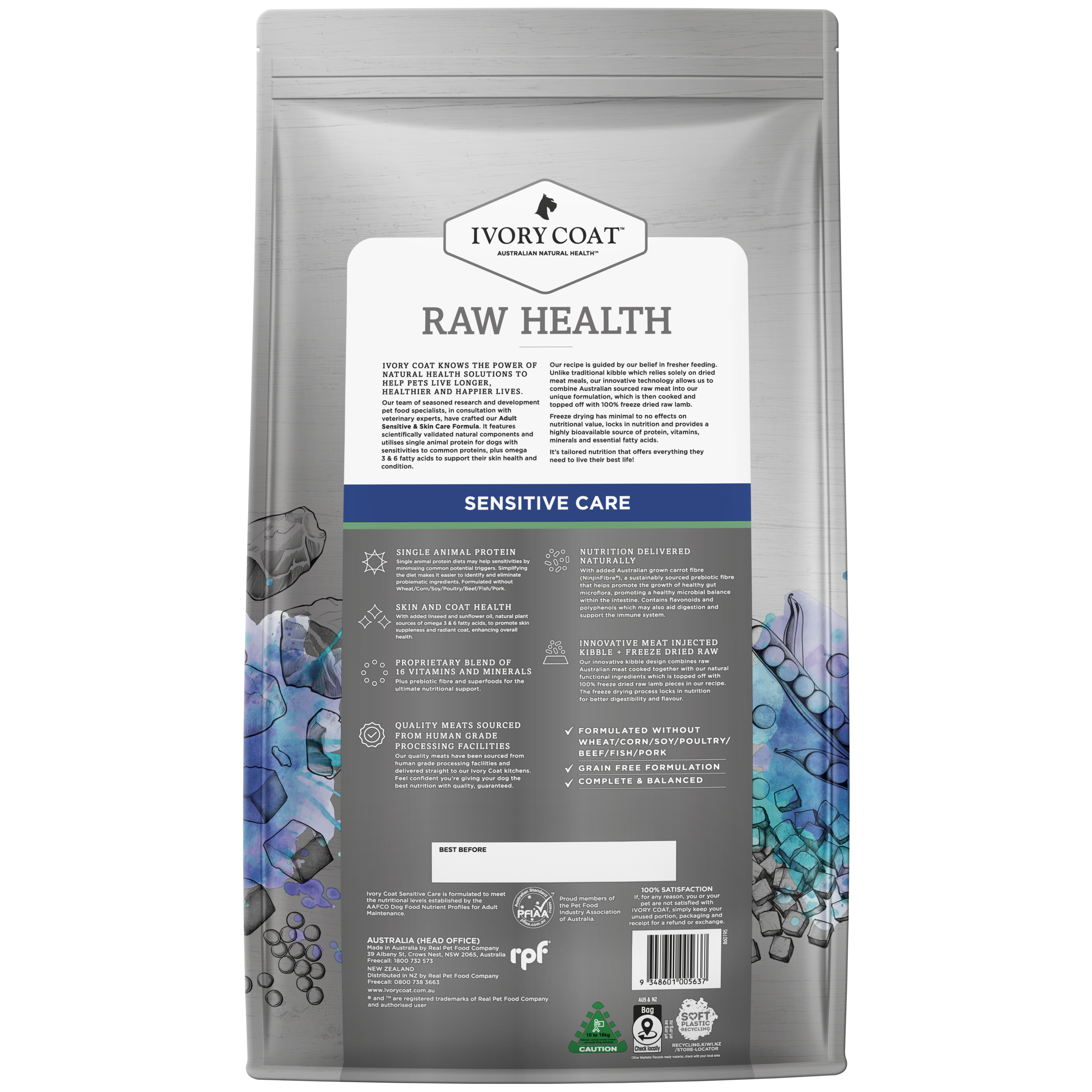 Ivory Coat Raw Health Sensitive Care Adult Dry Dog Food back of pack