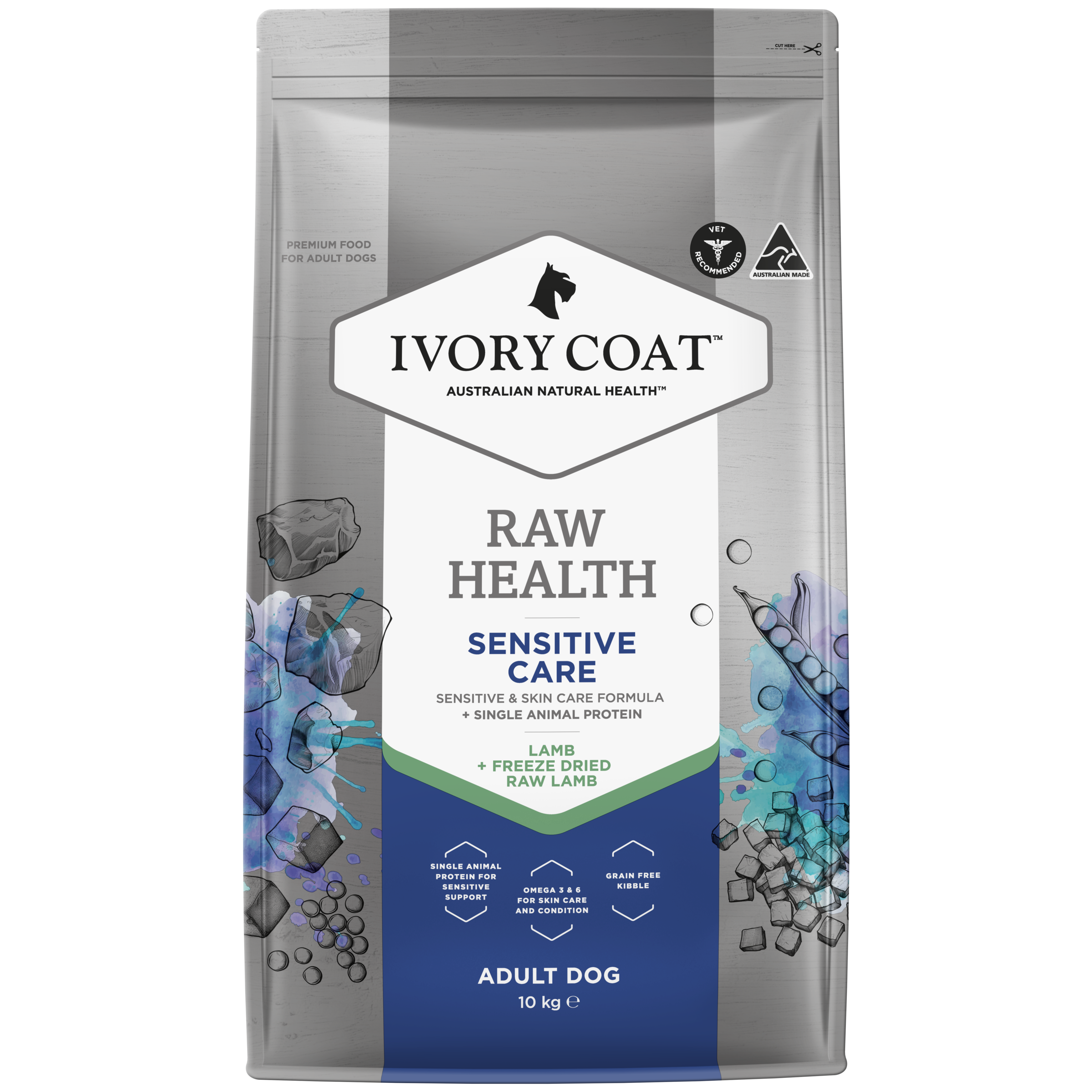 Ivory Coat Raw Health Sensitive Care Adult Dry Dog Food front of pack