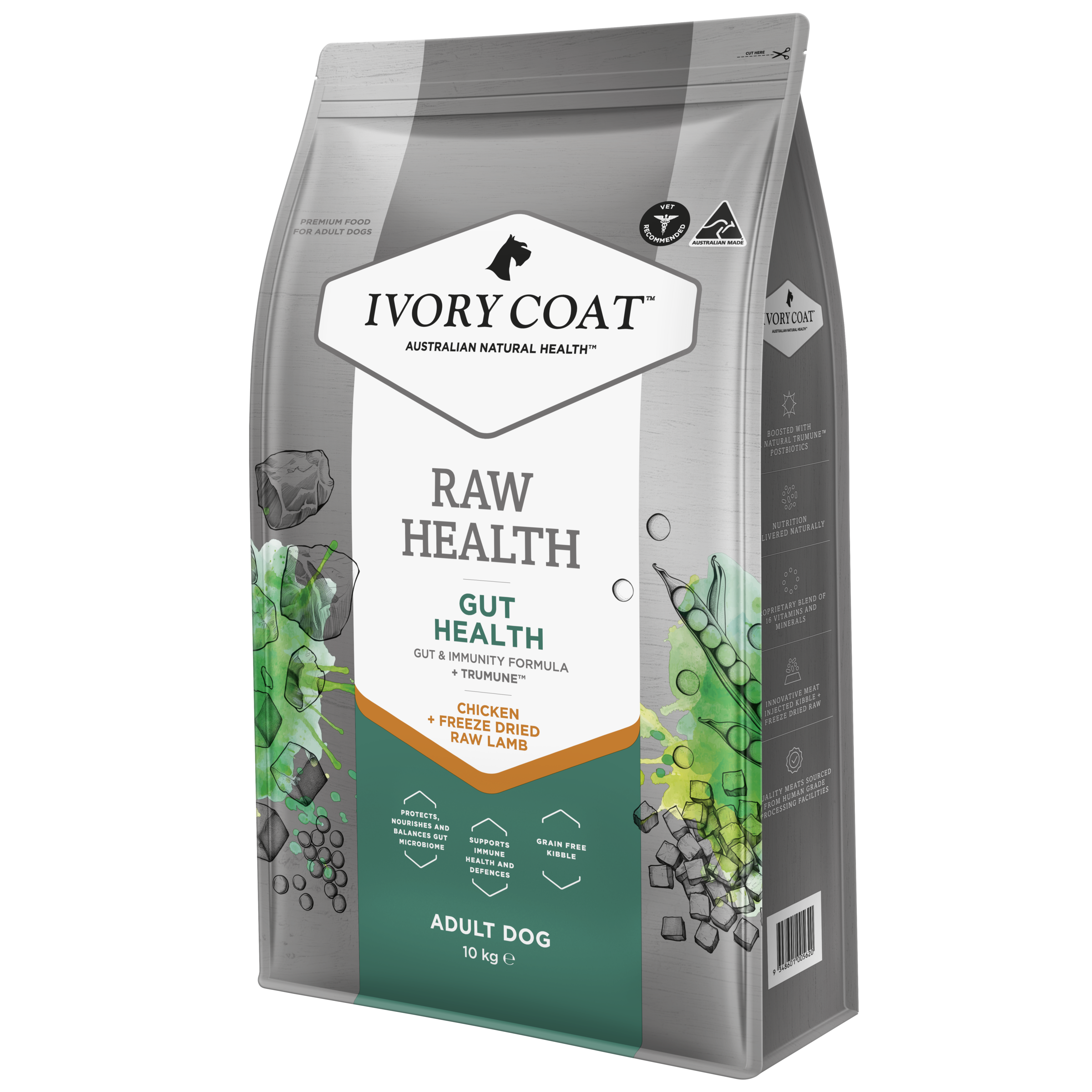 Ivory Coat Raw Health Adult Dry Dog Food Gut Health right side of pack