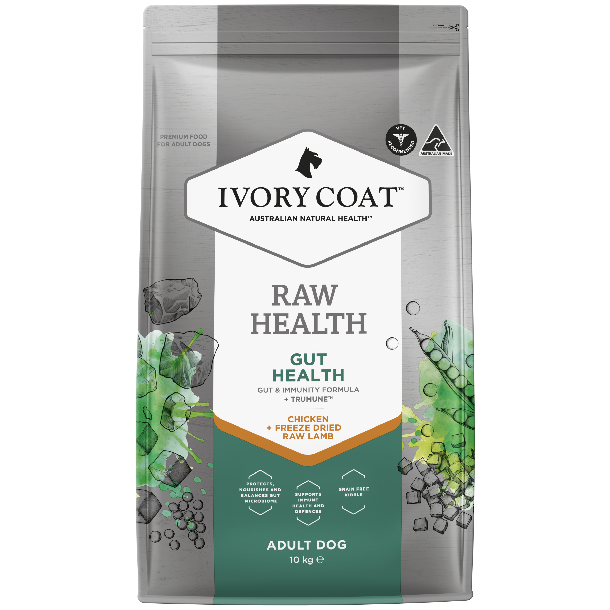 Ivory Coat Raw Health Adult Dry Dog Food Gut Health front of pack