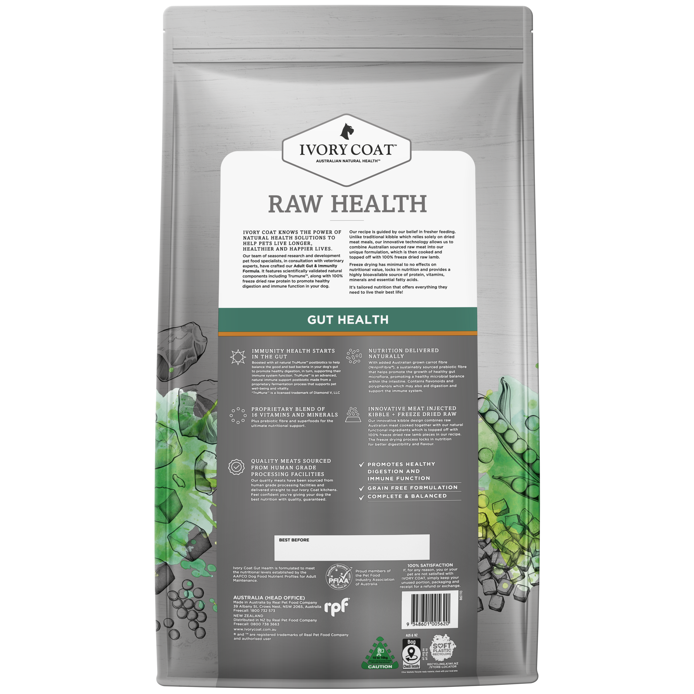 Ivory Coat Raw Health Adult Dry Dog Food Gut Health back of pack
