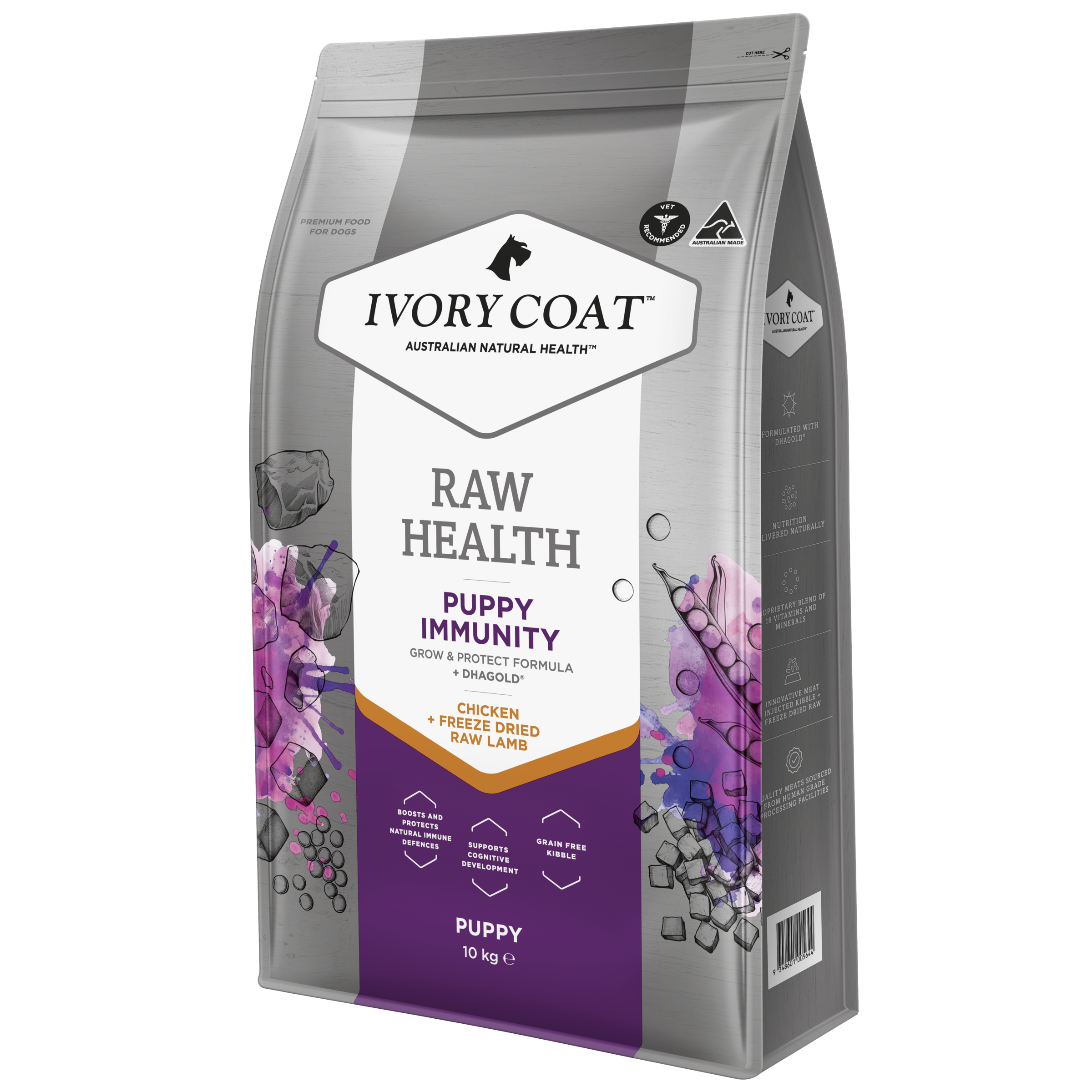 Ivory Coat Raw Health Puppy Dry Dog Food Immunity right side of pack