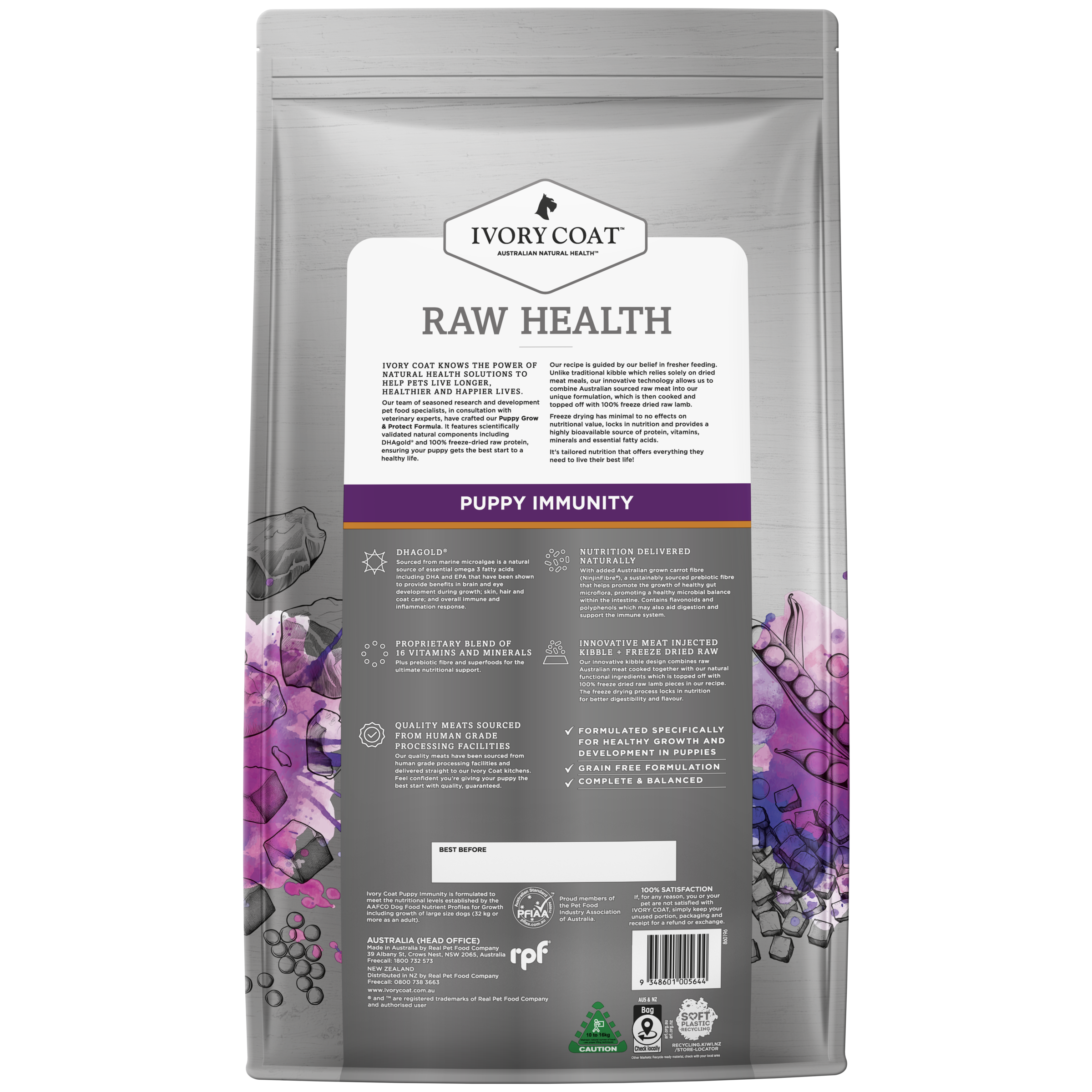 Ivory Coat Raw Health Puppy Dry Dog Food Immunity back of pack