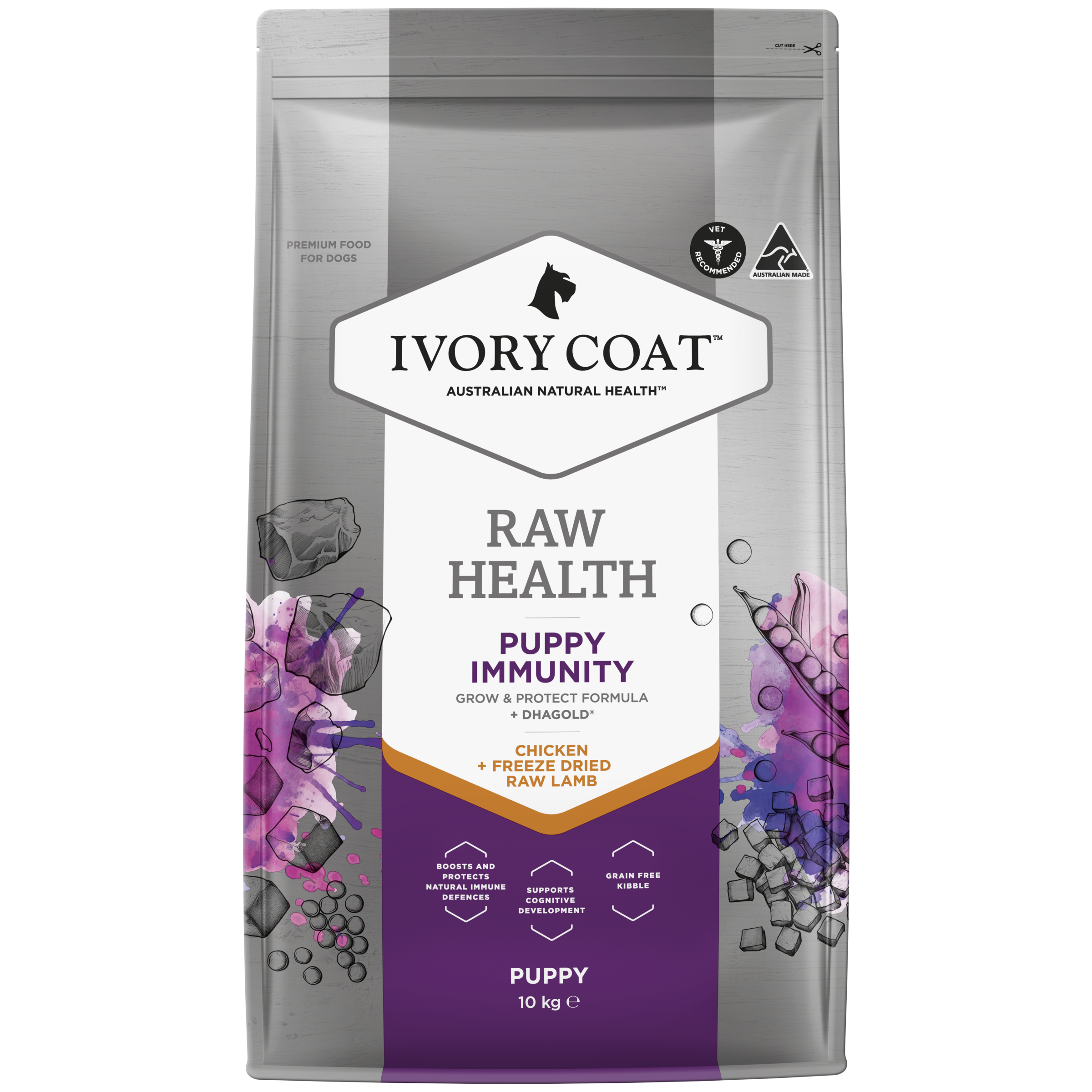 Ivory Coat Raw Health Puppy Dry Dog Food Immunity front of pack