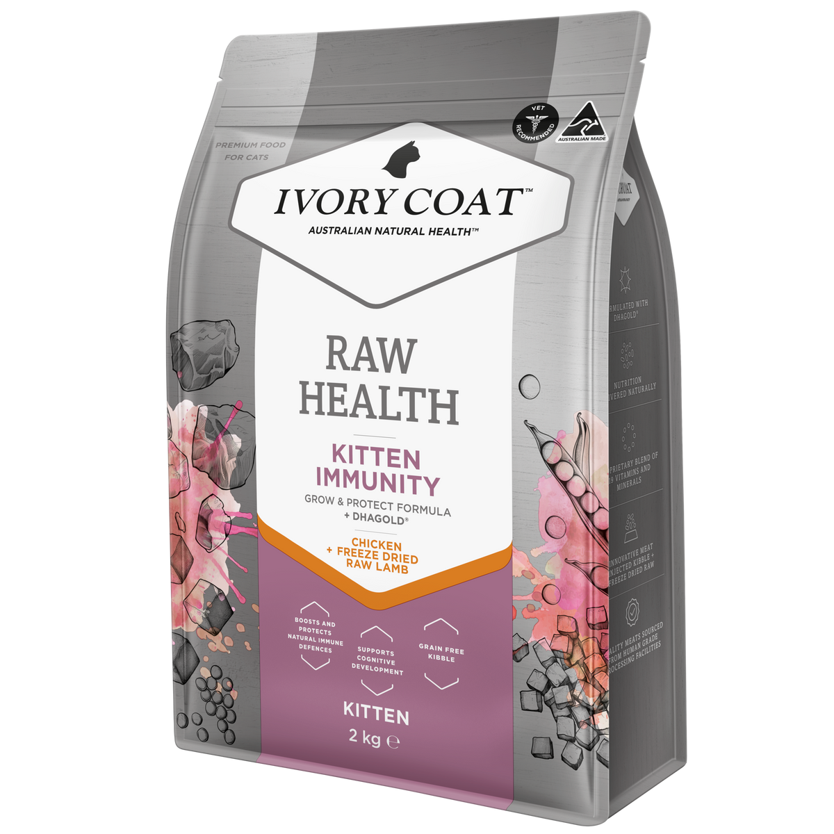 Ivory Coat Raw Health Kitten Immunity dry kitten food bag, angled view