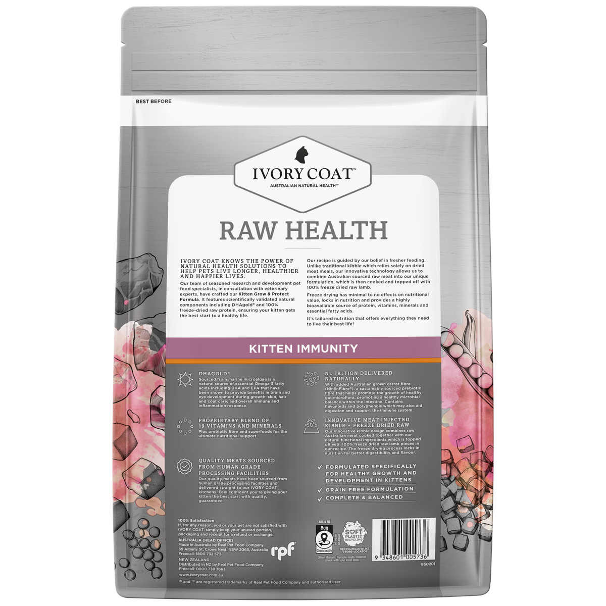 Back of the Ivory Coat Raw Health Kitten Immunity dry kitten food bag
