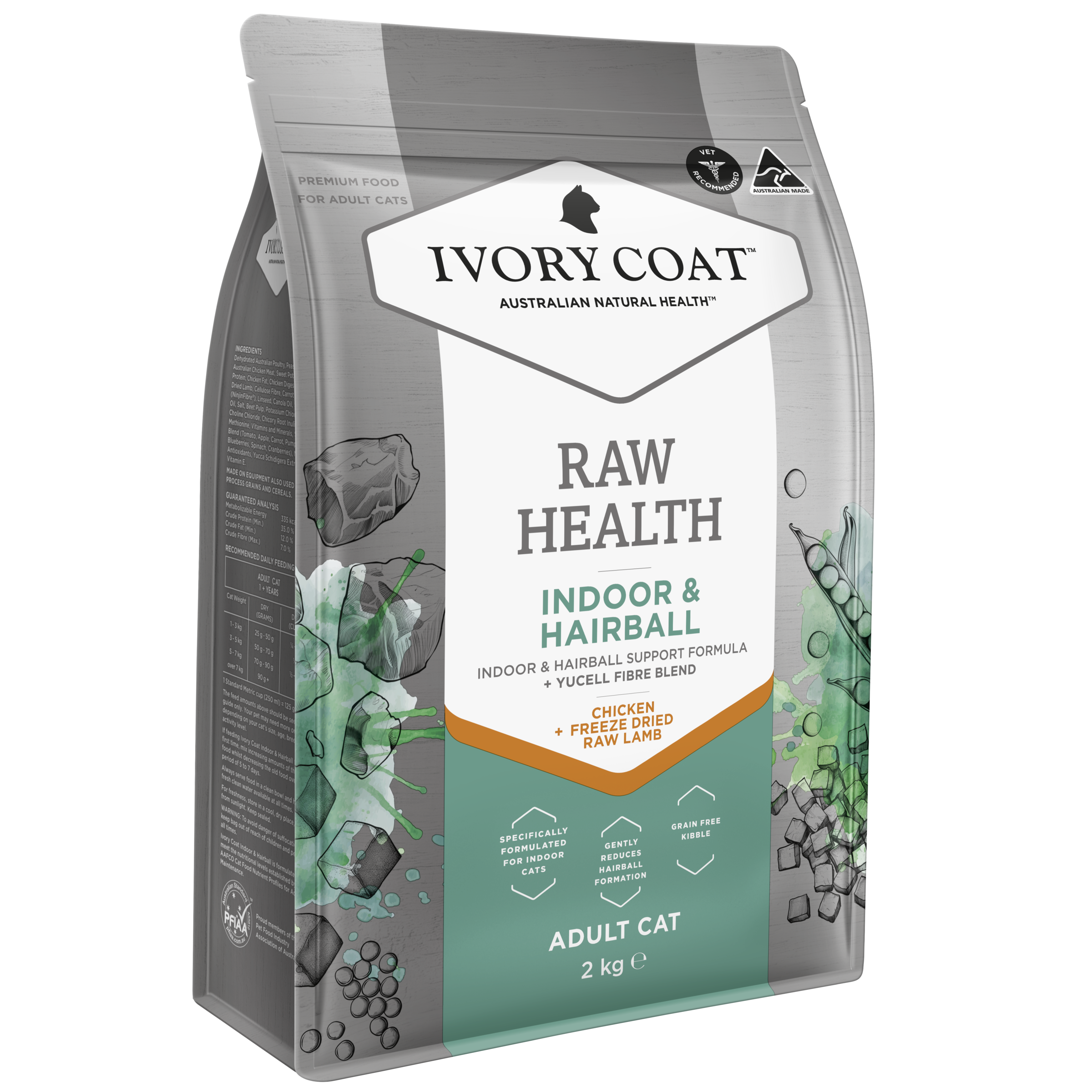 Ivory Coat Raw Health Adult Dry Cat Food Indoor & Hairball bag