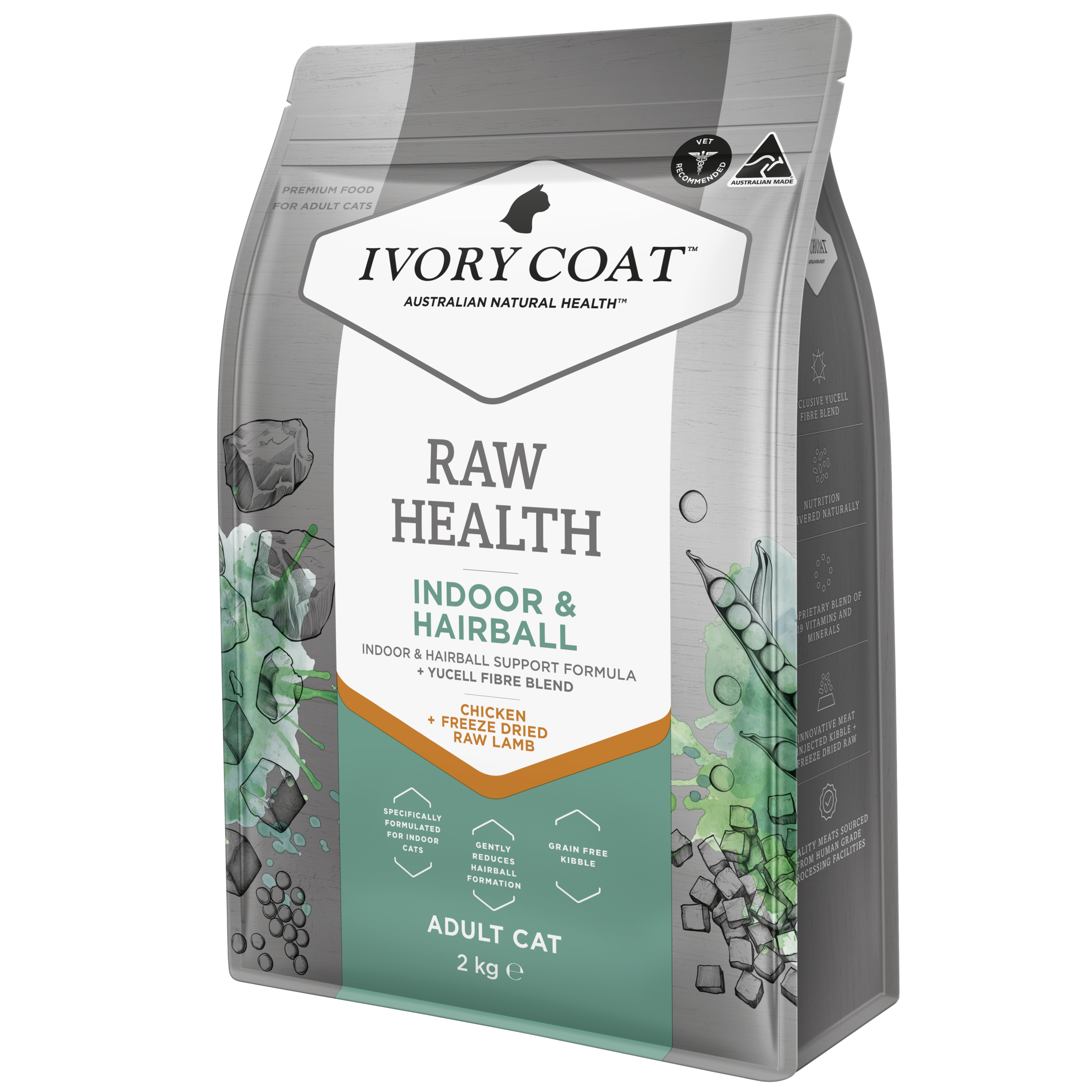 Ivory Coat Raw Health Adult Dry Cat Food Indoor & Hairball right side of pack
