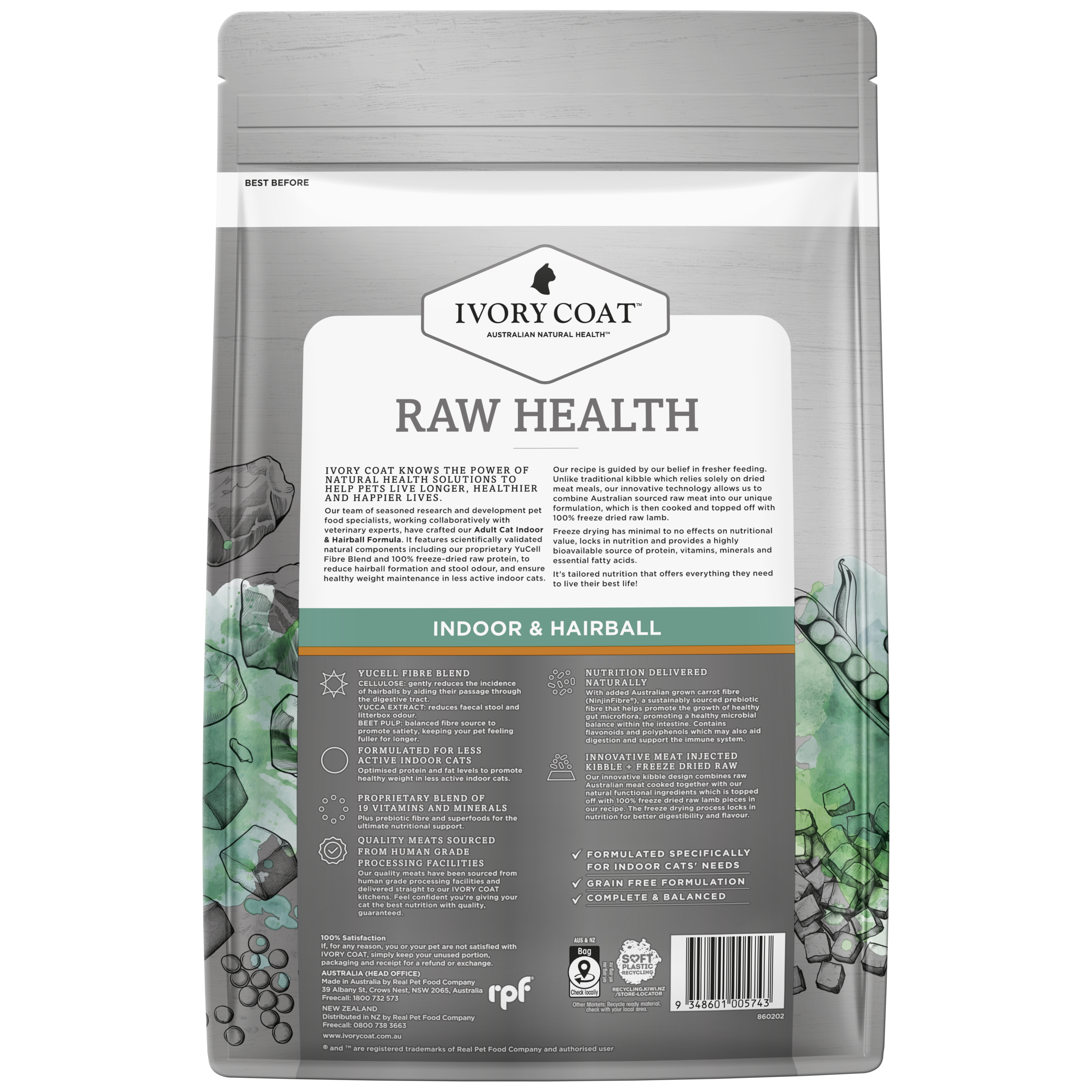 Ivory Coat Raw Health Adult Dry Cat Food Indoor & Hairball back of pack