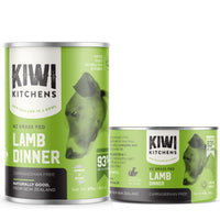 Kiwi Kitchens Lamb Dinner canned dog food, the tall 375 g can beside the shorter 170 g can.