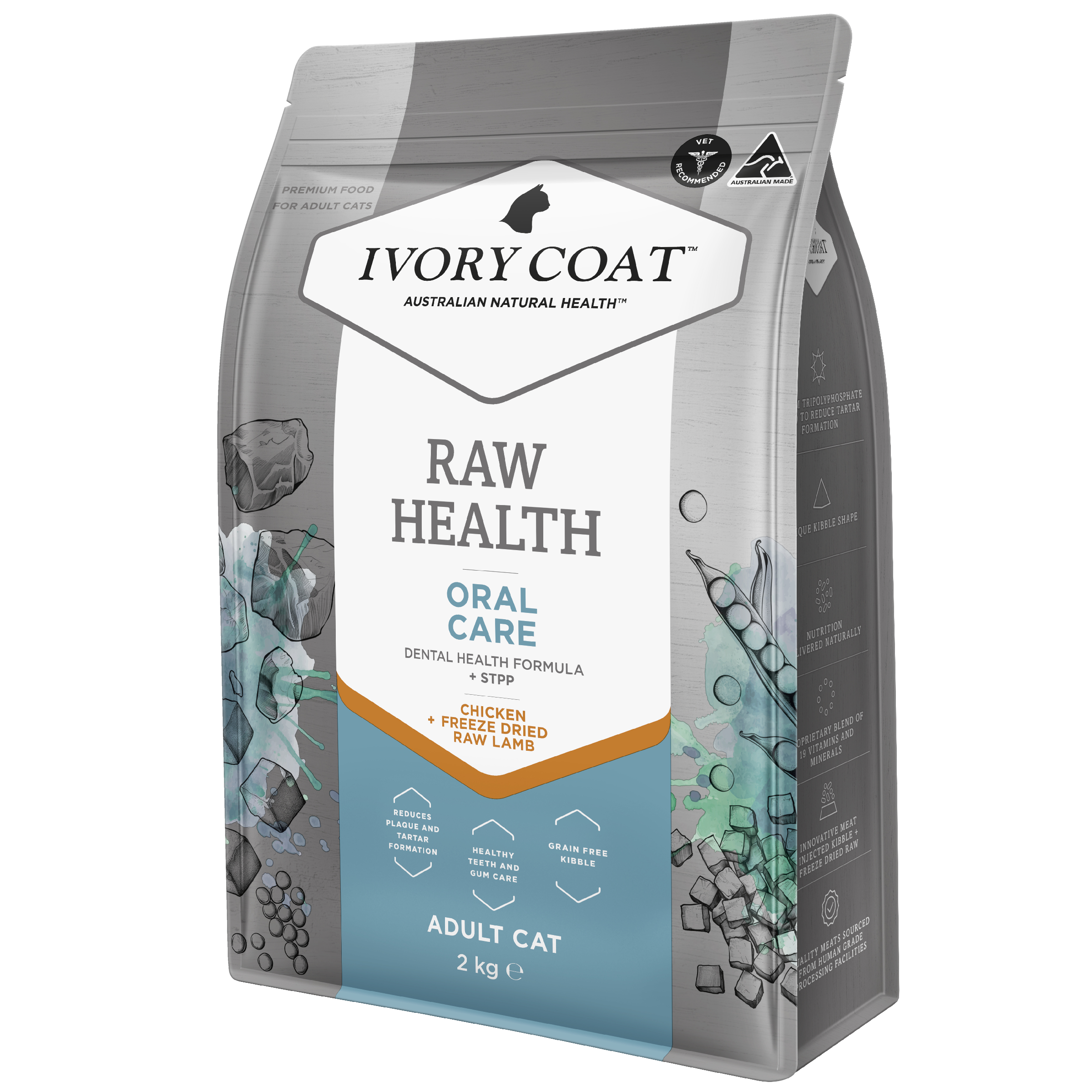 Ivory Coat Raw Health Adult Dry Cat Food Oral Care right side of pack
