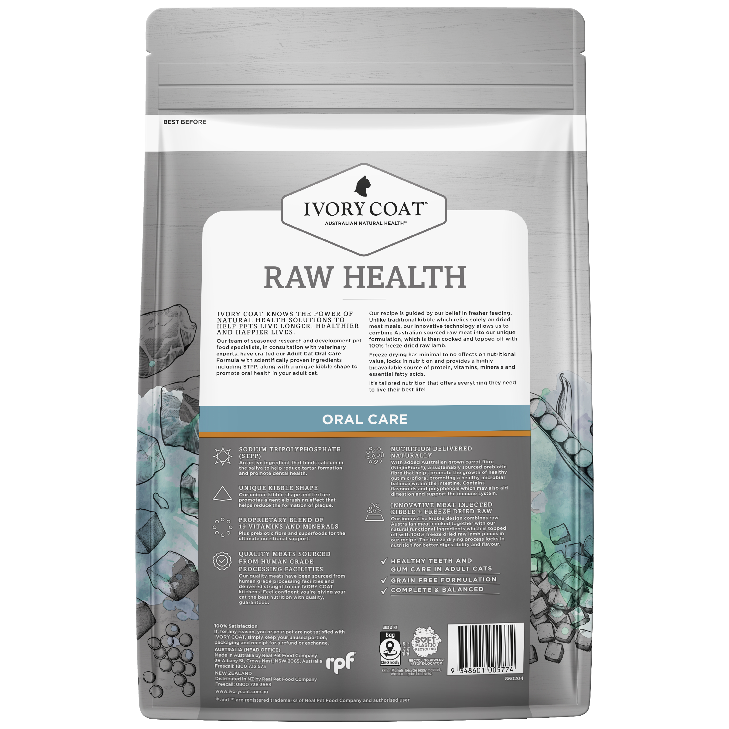 Ivory Coat Raw Health Adult Dry Cat Food Oral Care back of pack