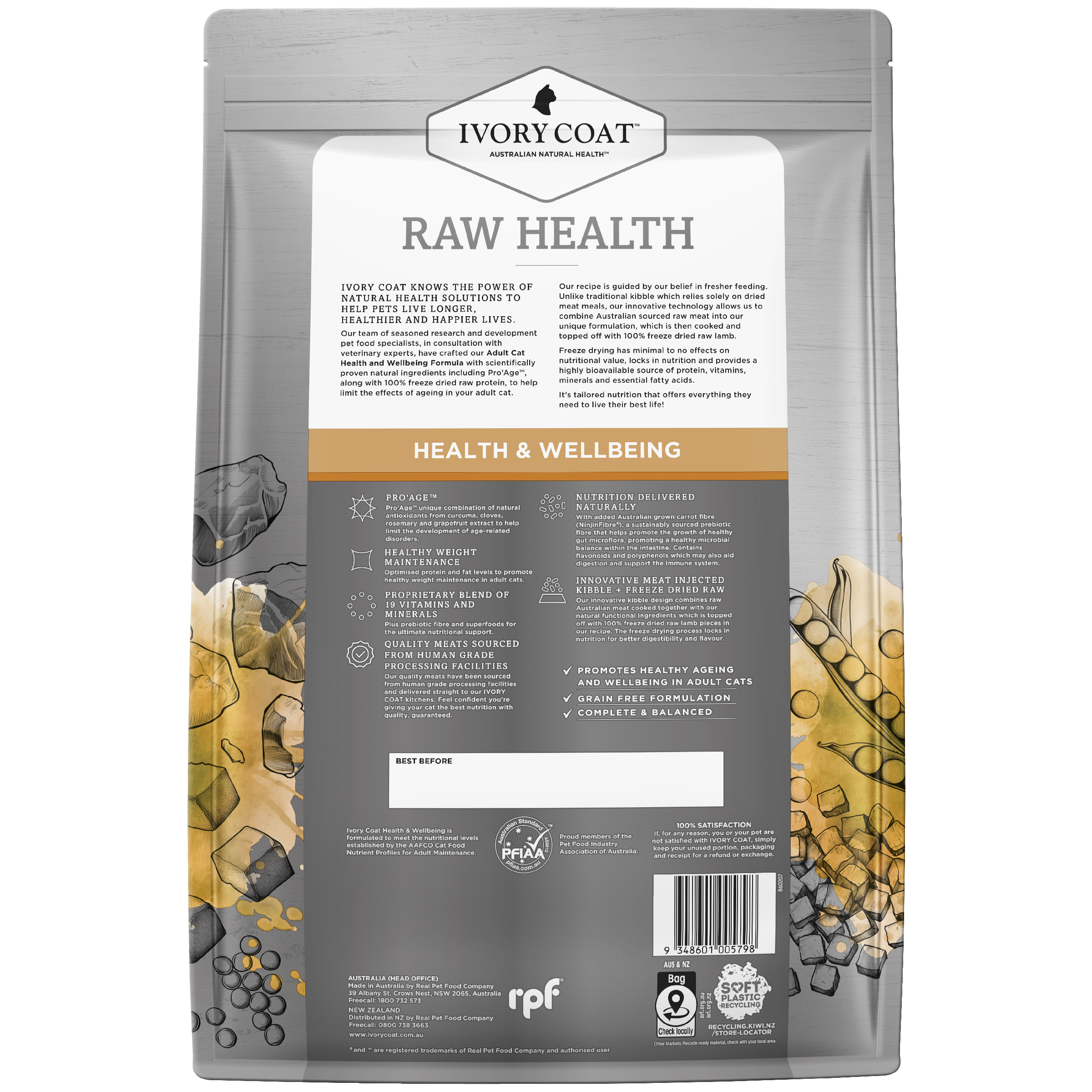 Ivory Coat Raw Health Adult Dry Cat Food Health & Wellbeing back of pack