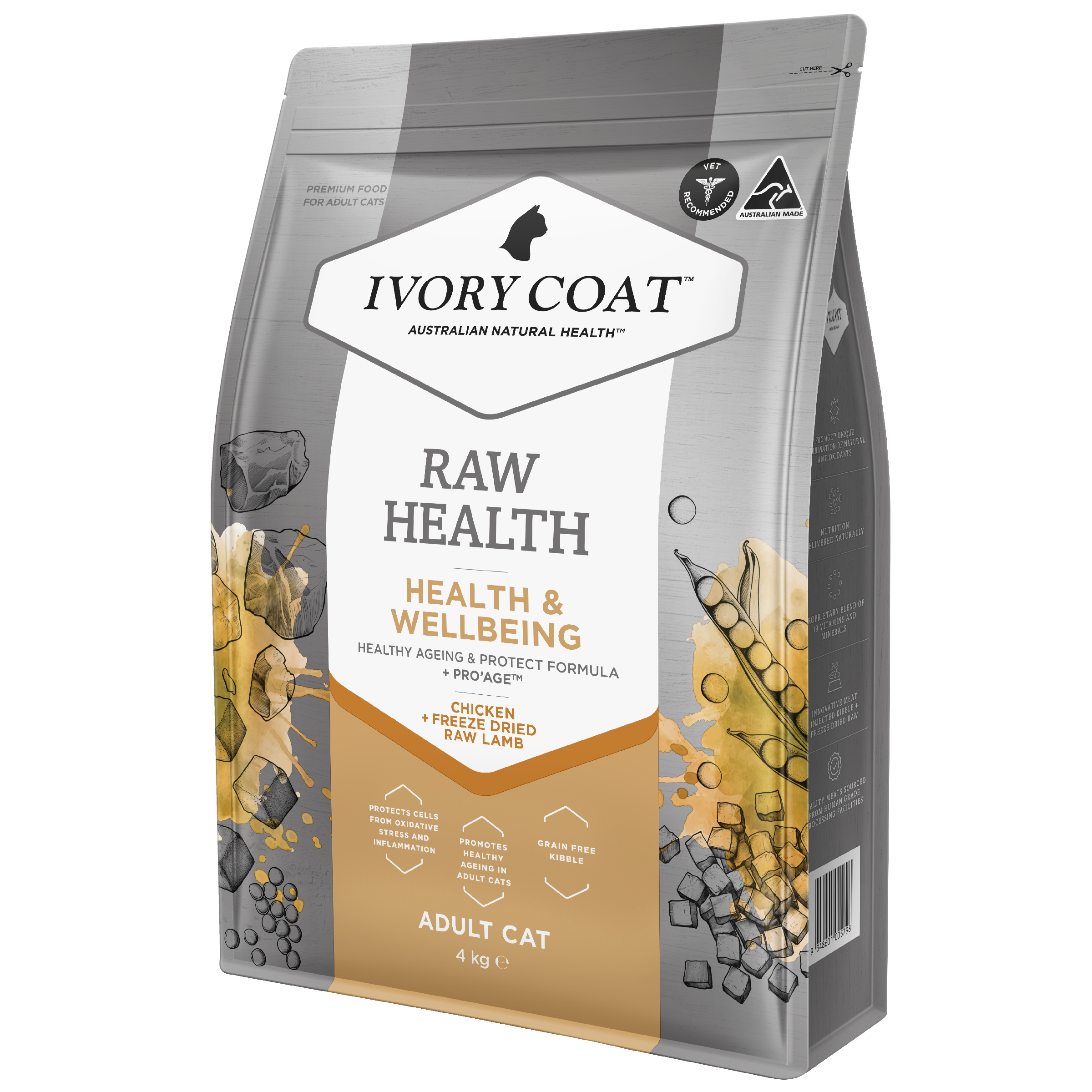 Ivory Coat Raw Health Adult Dry Cat Food Health & Wellbeing right side of pack