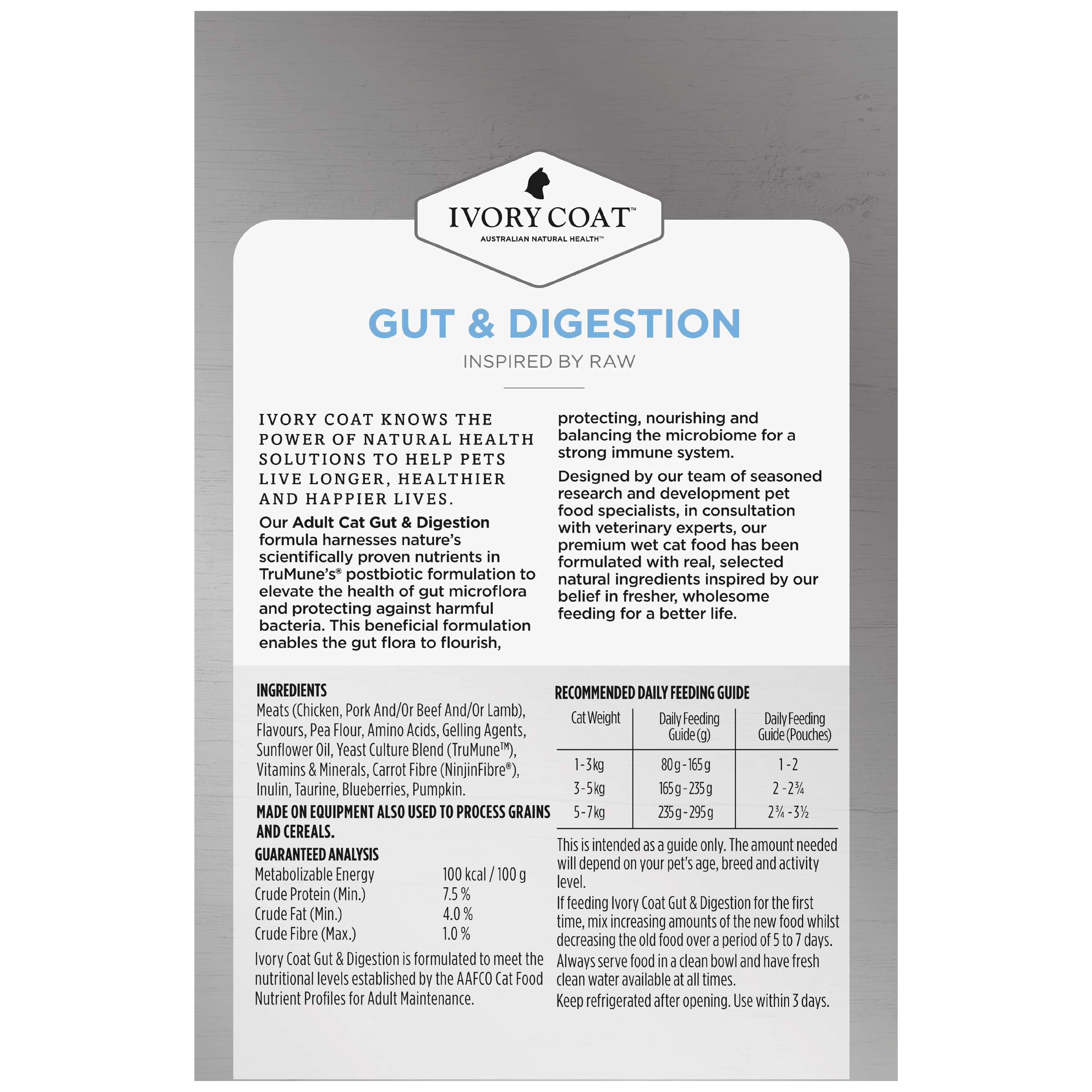 Ivory Coat Inspired By Raw Wet Cat Food Gut & Digestion back of pack