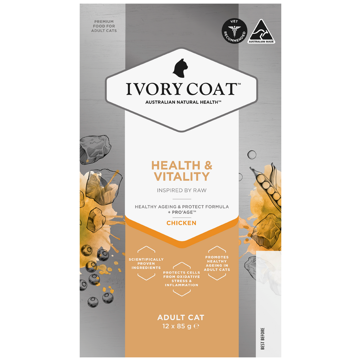 Top of the Ivory Coat Inspired By Raw Health and Vitality Chicken carton