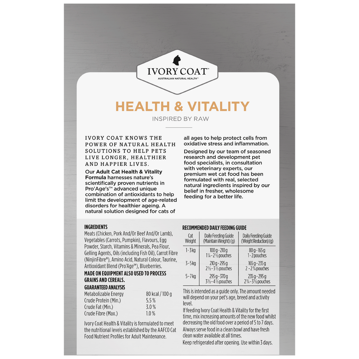 Back of the Ivory Coat Inspired By Raw Health and Vitality 12 x 85g carton