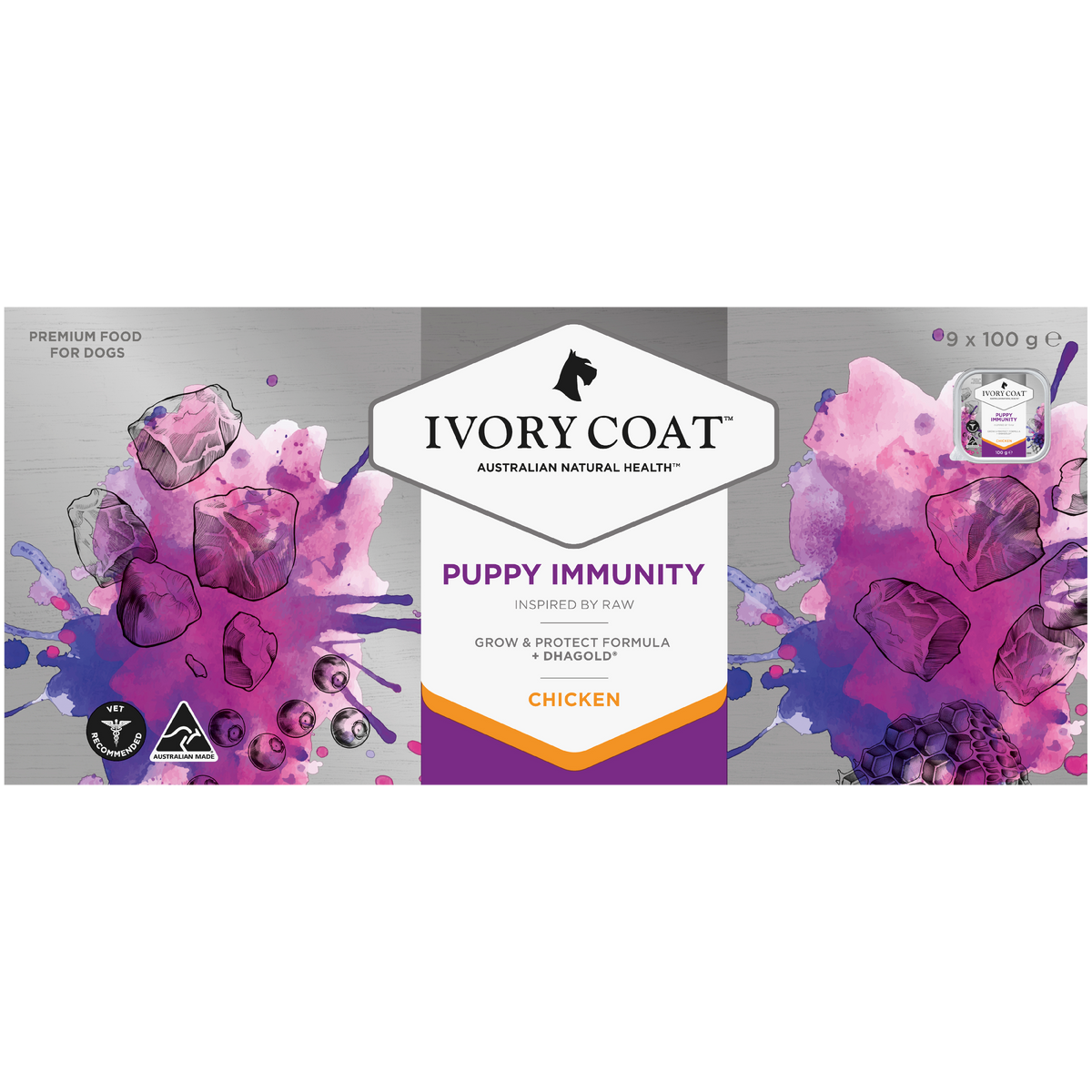 Back of the Ivory Coat Inspired By Raw Puppy Immunity Chicken carton