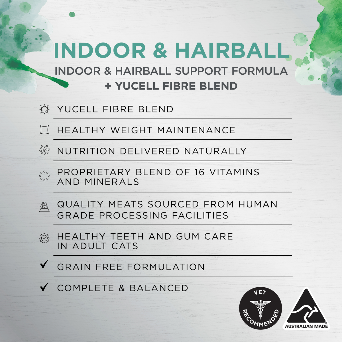 Ivory Coat Indoor and Hairball features: Yucell fibre blend, weight maintenance, teeth and gum care