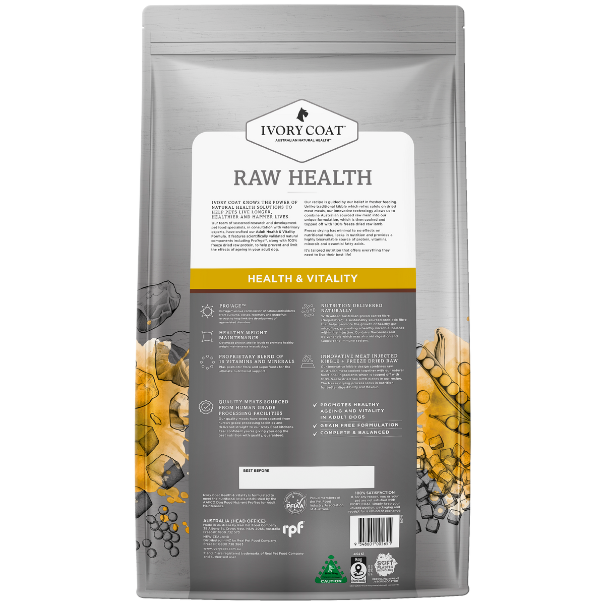 Back of the Ivory Coat Raw Health Health and Vitality dry dog food bag