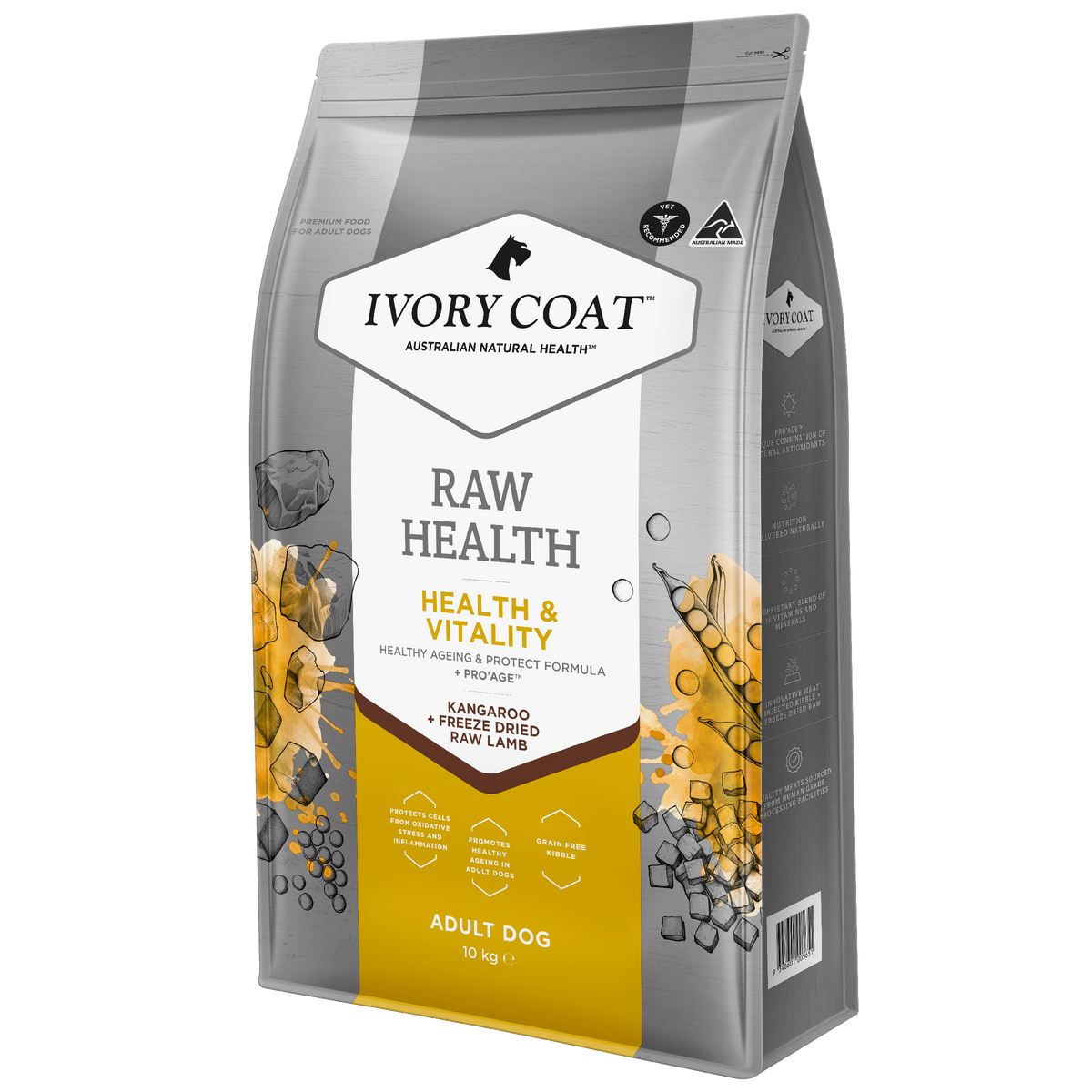 Ivory Coat Raw Health Health and Vitality dry dog food bag, angled view