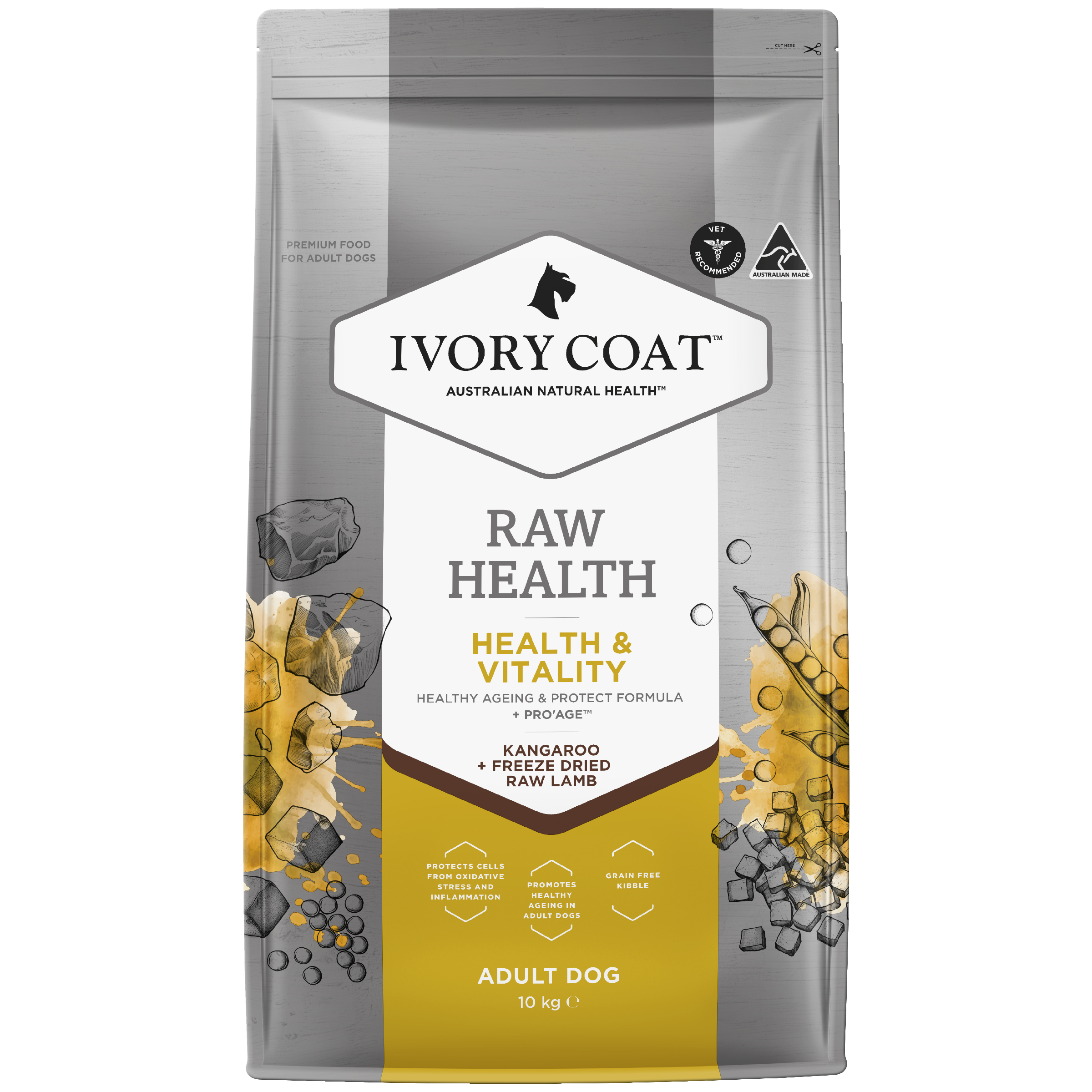 Ivory Coat Raw Health Health & Vitality Adult Dry Dog Food front of pack