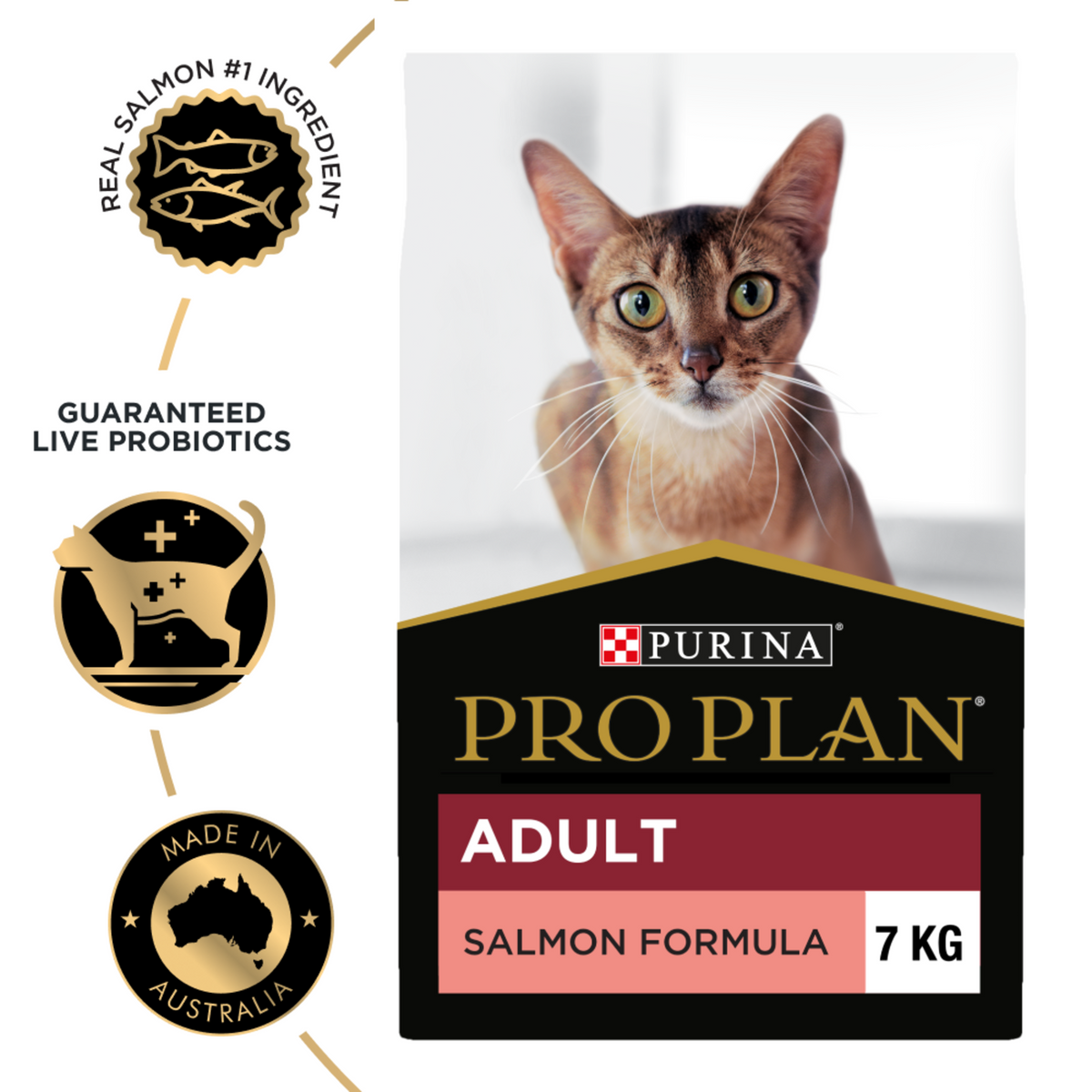 PRO PLAN Adult Salmon Formula 7kg bag beside badges for salmon as first ingredient and live probiotics