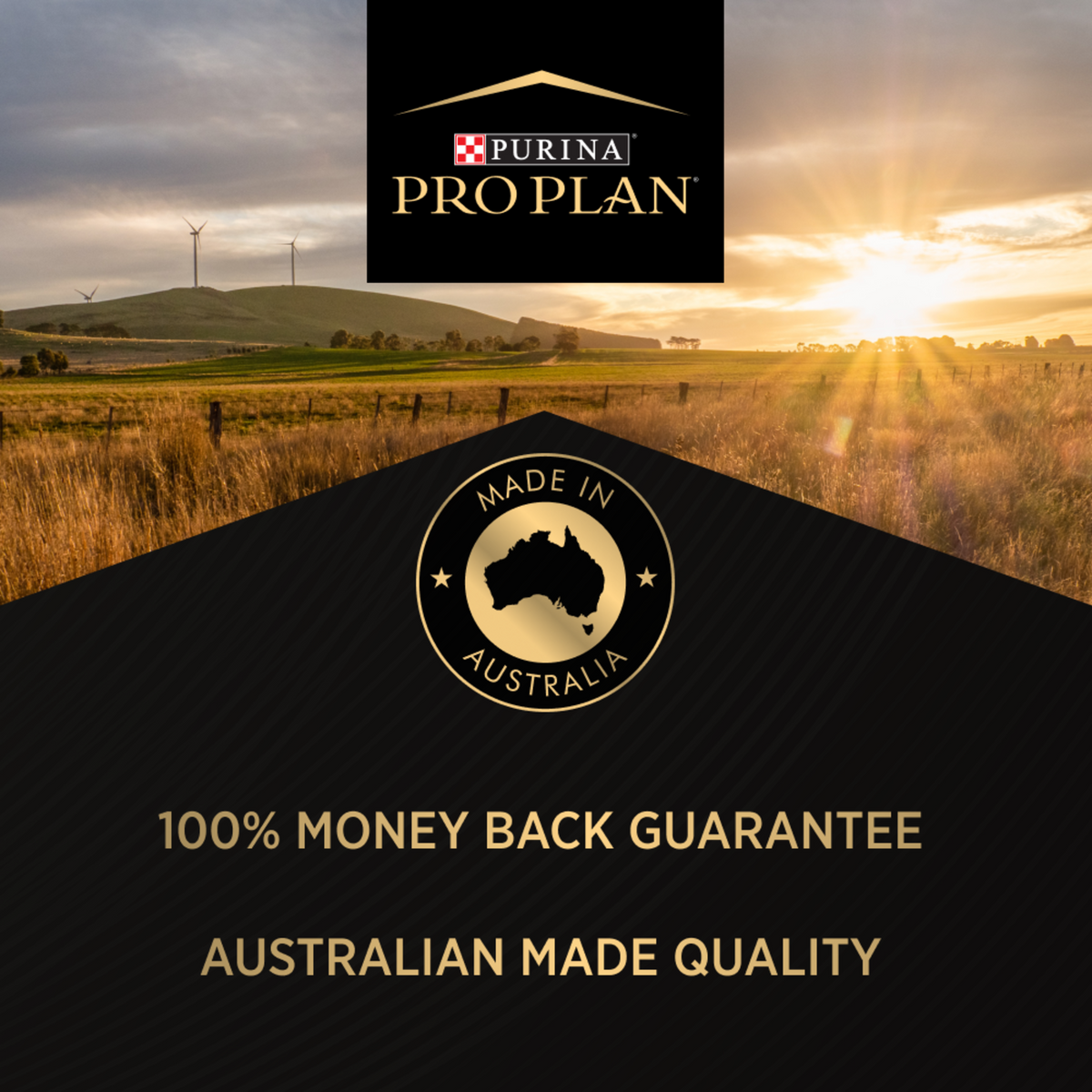 PRO PLAN brand panel over a farm at sunset, with the Australian made quality badge