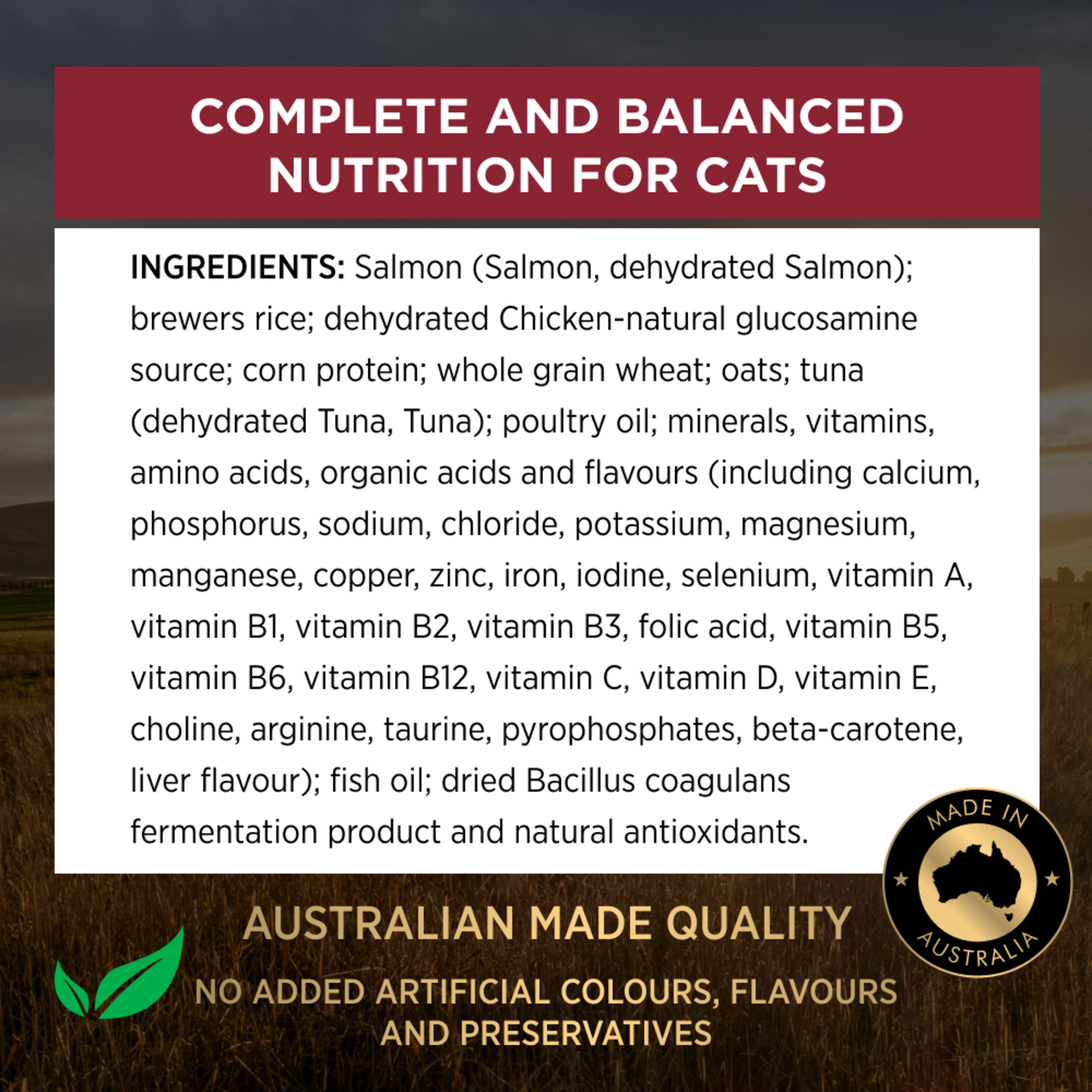 PRO PLAN Adult Salmon Formula ingredients list panel: complete and balanced nutrition for cats