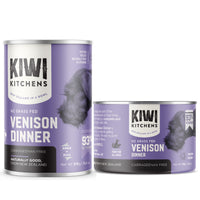 Kiwi Kitchens Venison Dinner canned dog food, the tall 375 g can beside the shorter 170 g can.
