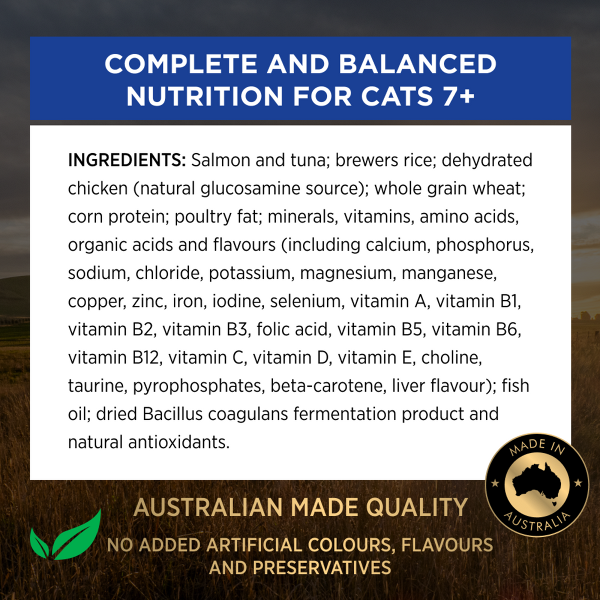 PRO PLAN Adult 7+ ingredients panel: complete and balanced nutrition for cats 7 and over