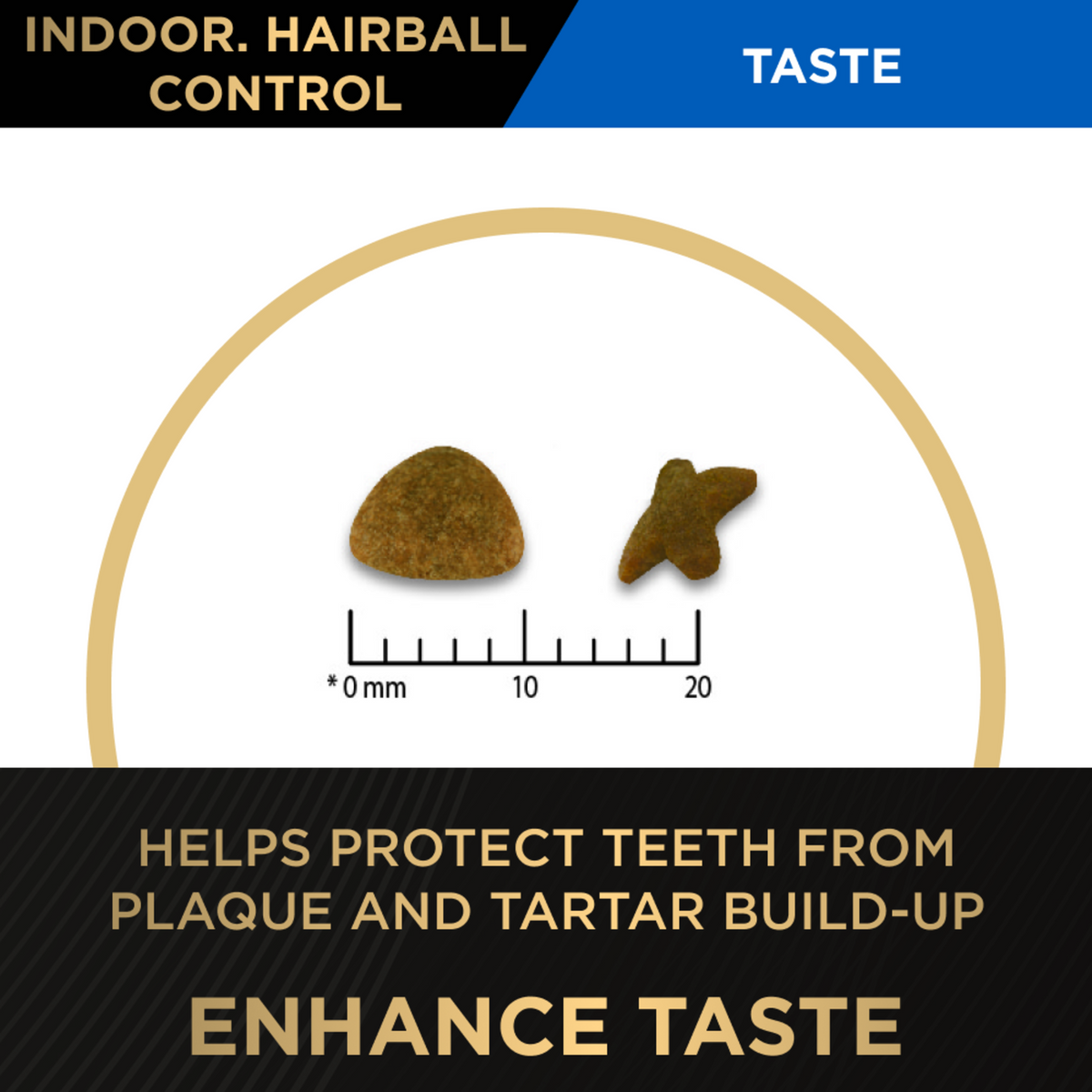 PRO PLAN Indoor Hairball Control kibble against a millimetre scale on the taste and dental panel