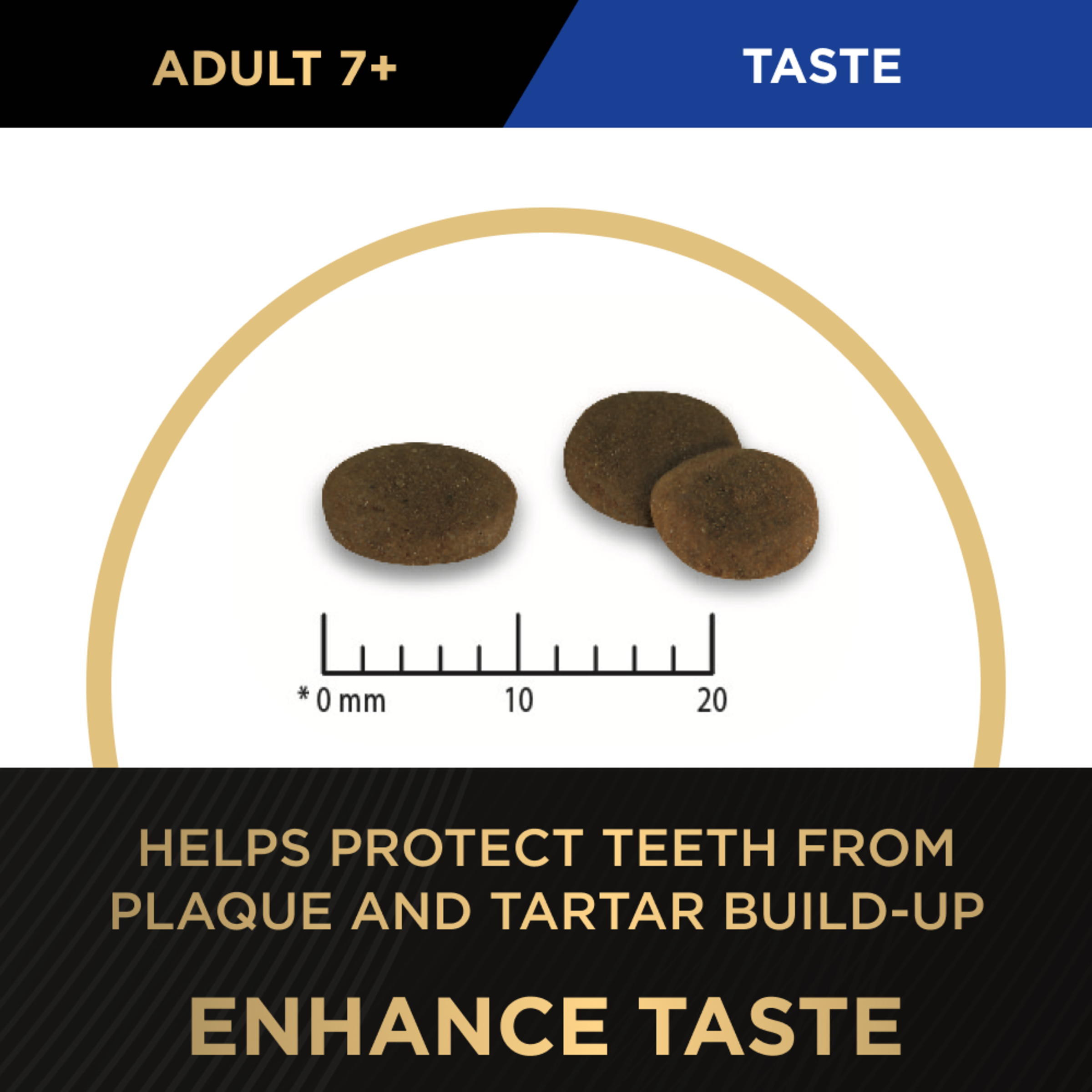 PRO PLAN Adult 7+ kibble against a millimetre scale on the taste and dental panel