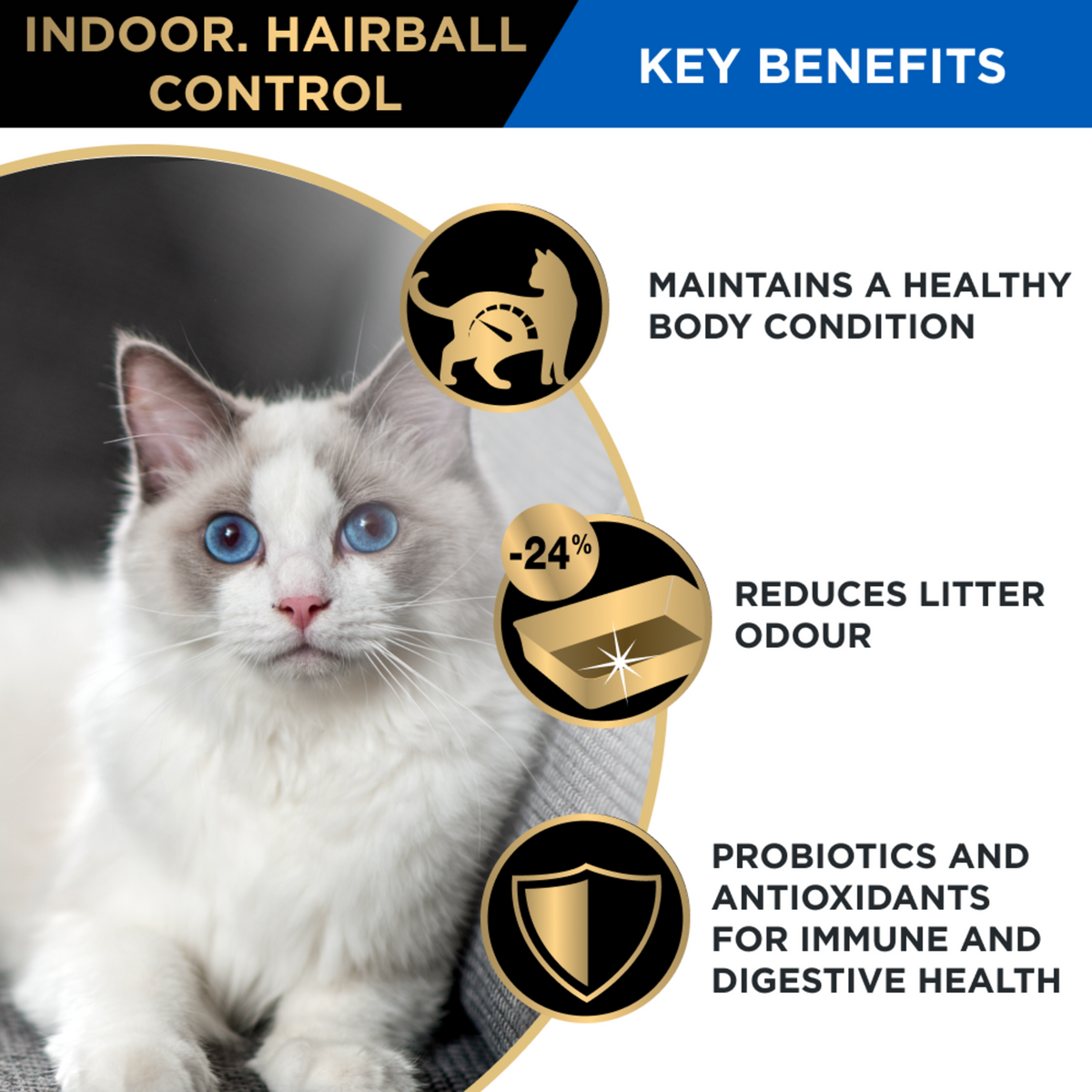 PRO PLAN Indoor Hairball Control key benefits panel with a white cat: body condition, litter odour