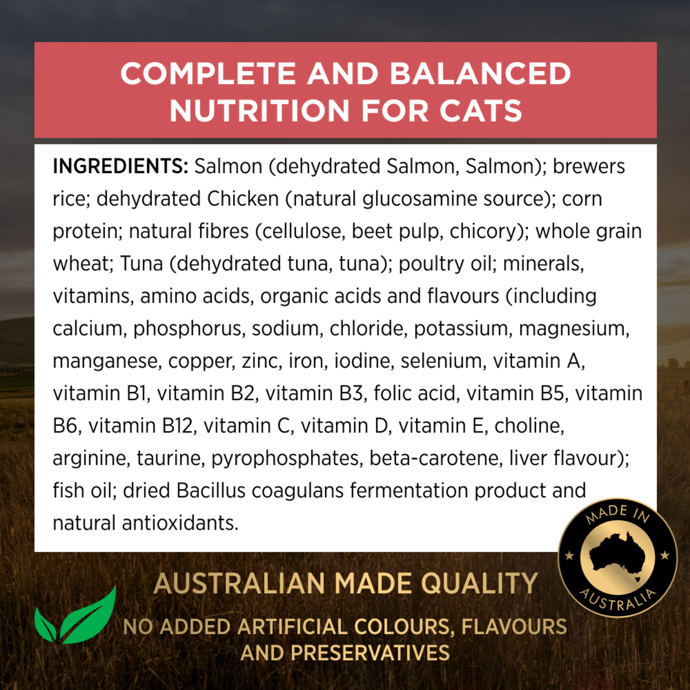 PRO PLAN Fussy & Beauty Salmon Formula ingredients panel: complete and balanced nutrition for cats