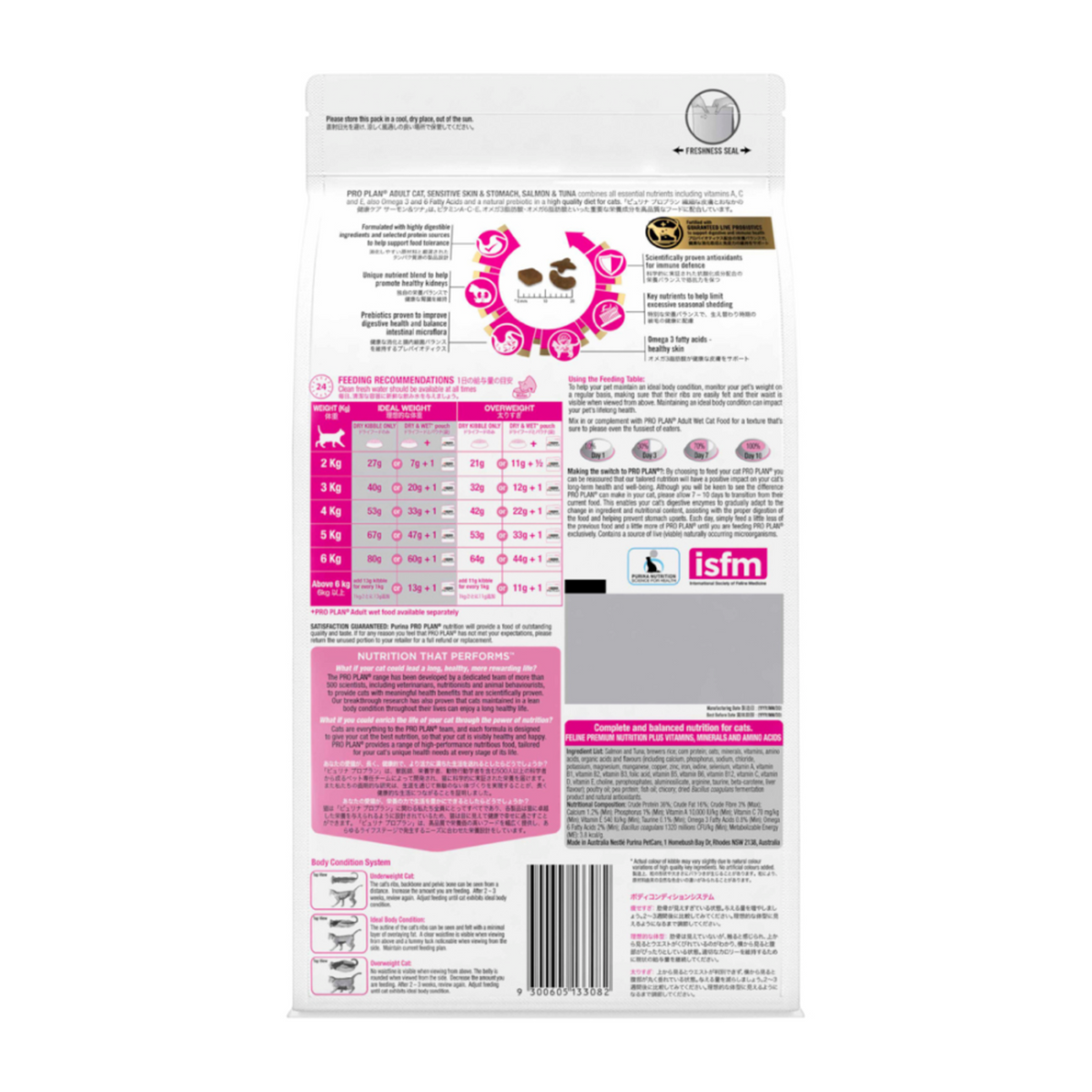 PRO PLAN Sensitive Skin & Stomach bag back, with the feeding table, ingredients and iSFM logo