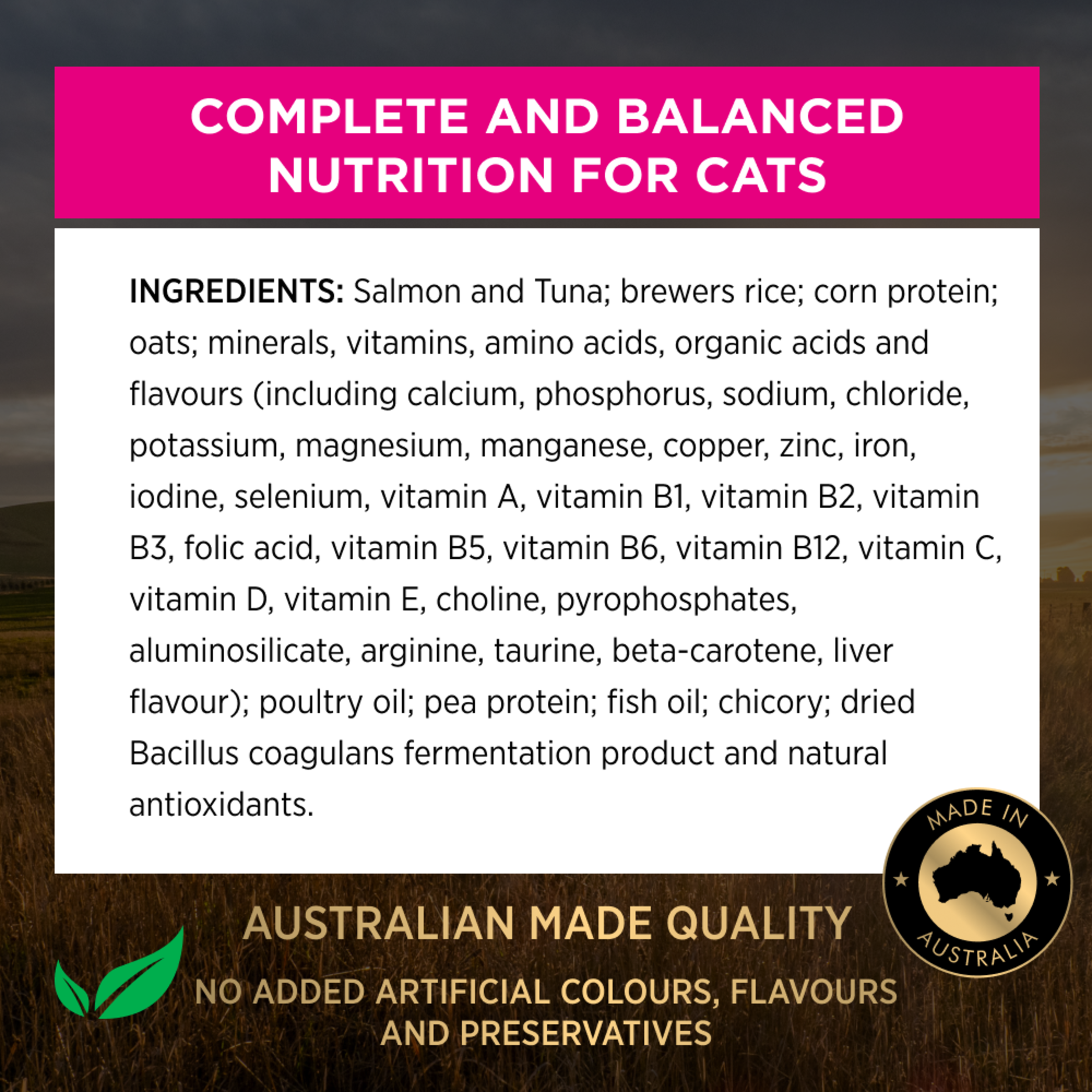PRO PLAN Sensitive Skin & Stomach ingredients panel: complete and balanced nutrition for cats